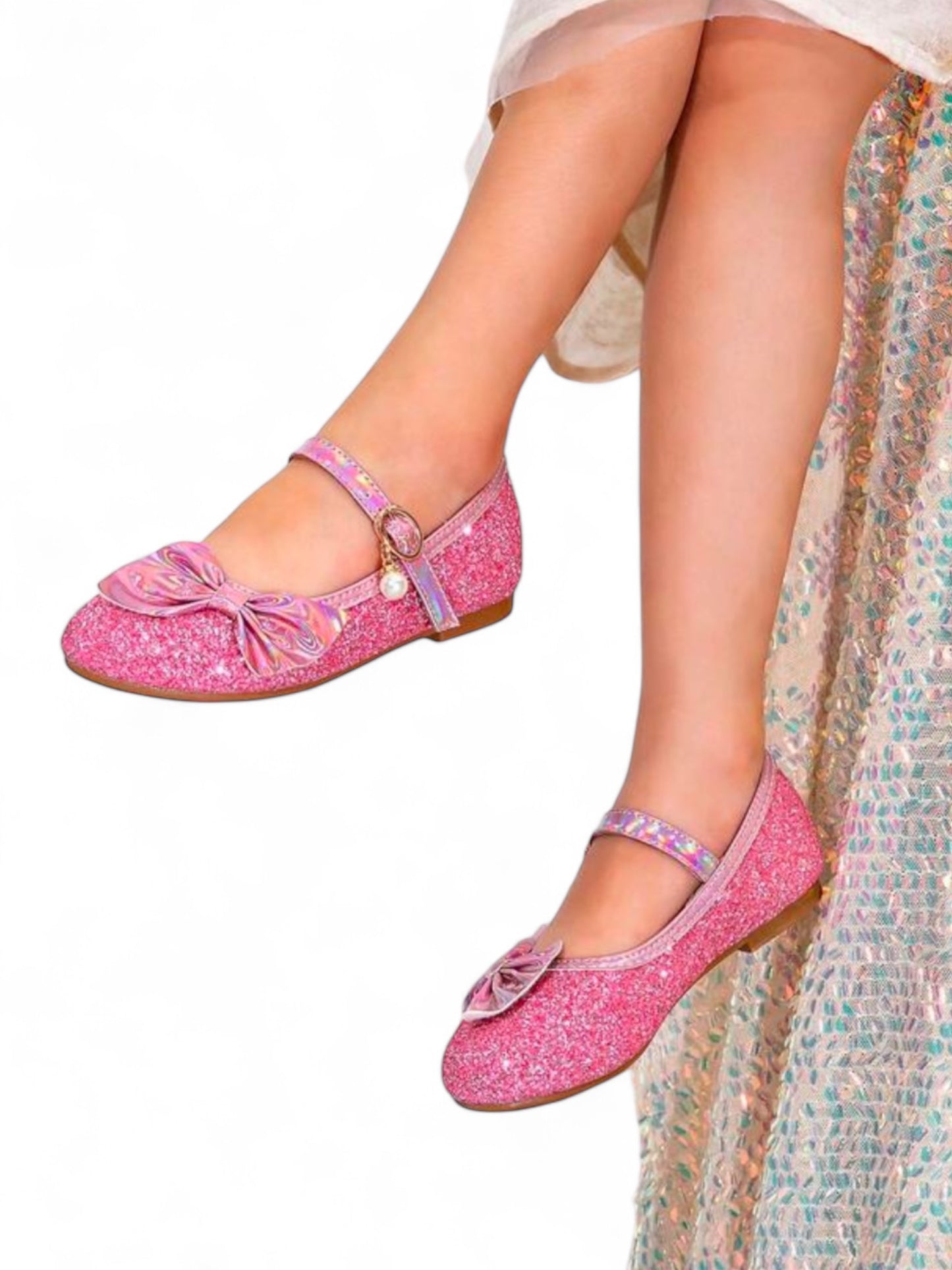 Pink glittery formal girls shoes with bow embellishment