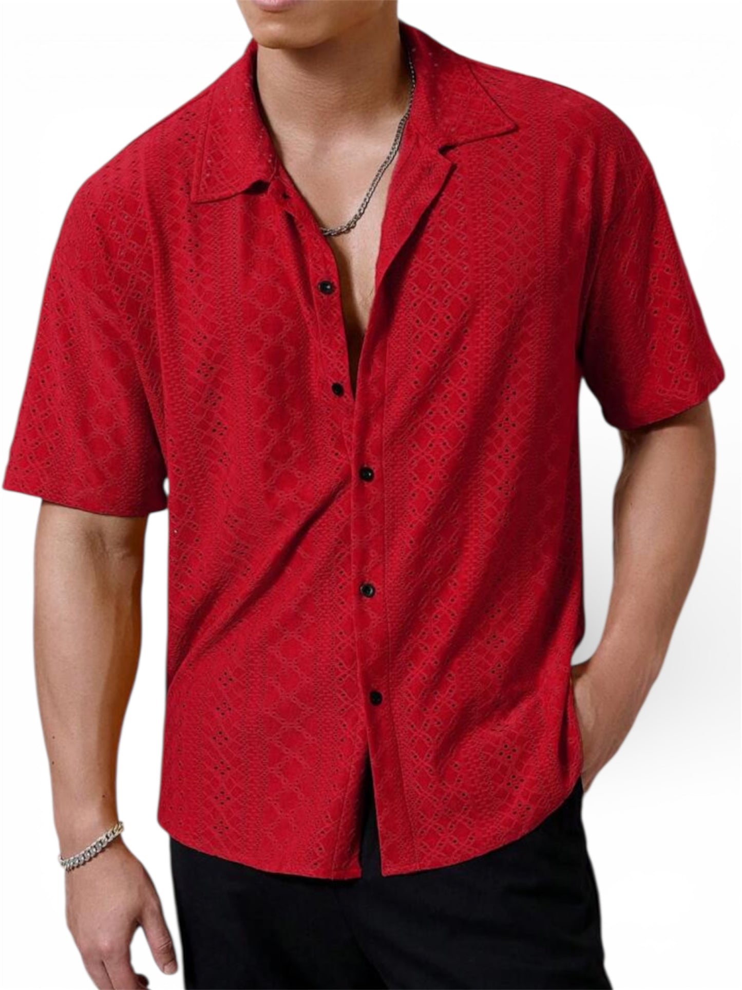 Teen boy red bottoms down shirt sleeve shirt