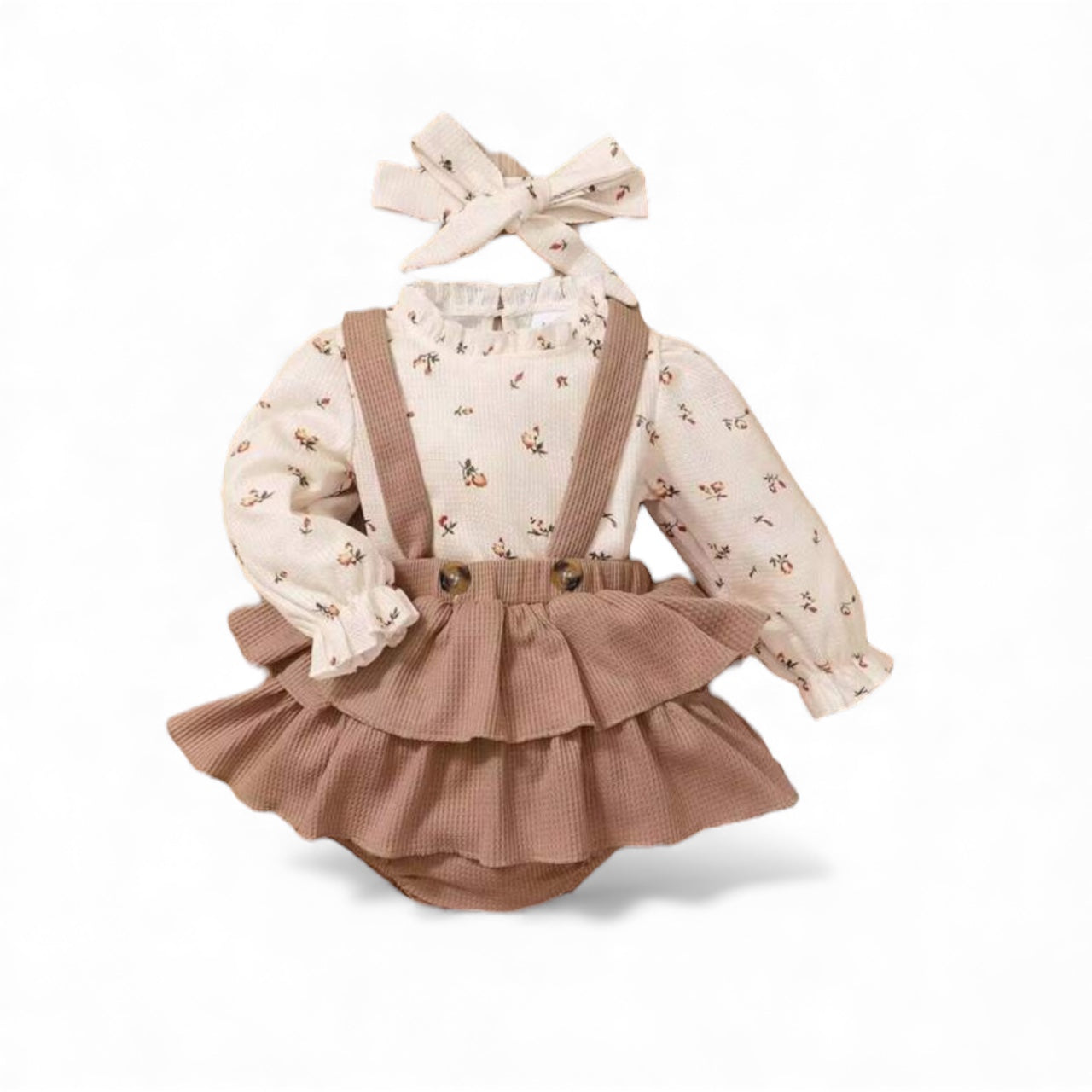 Brown ruffle romper , long sleeved blouse & hair bow baby girls set