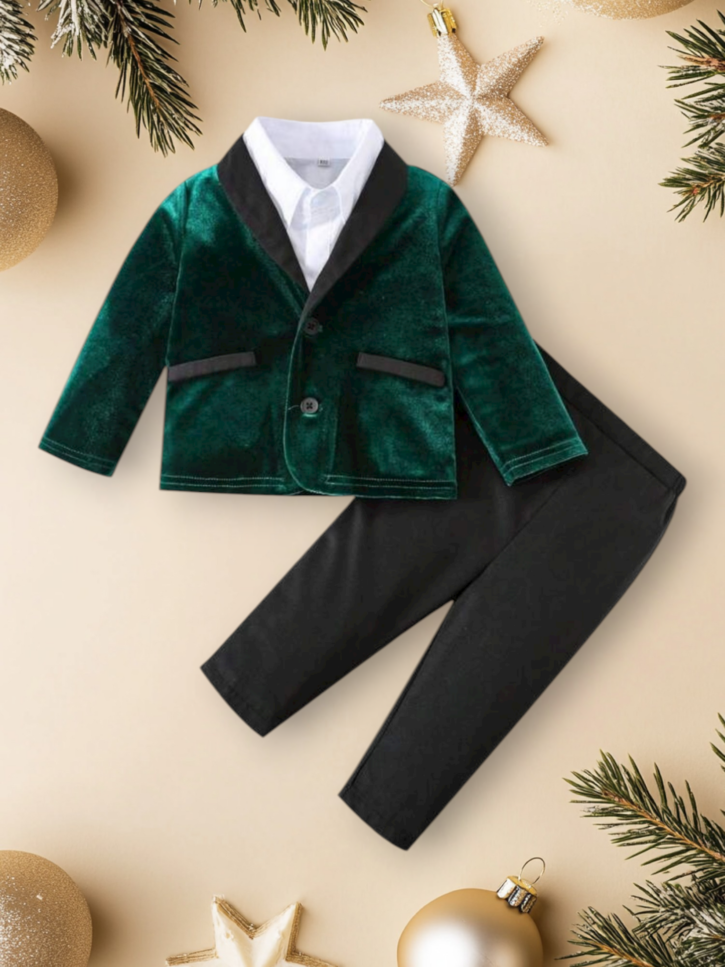 Green velvet jacket with black pant baby formal set