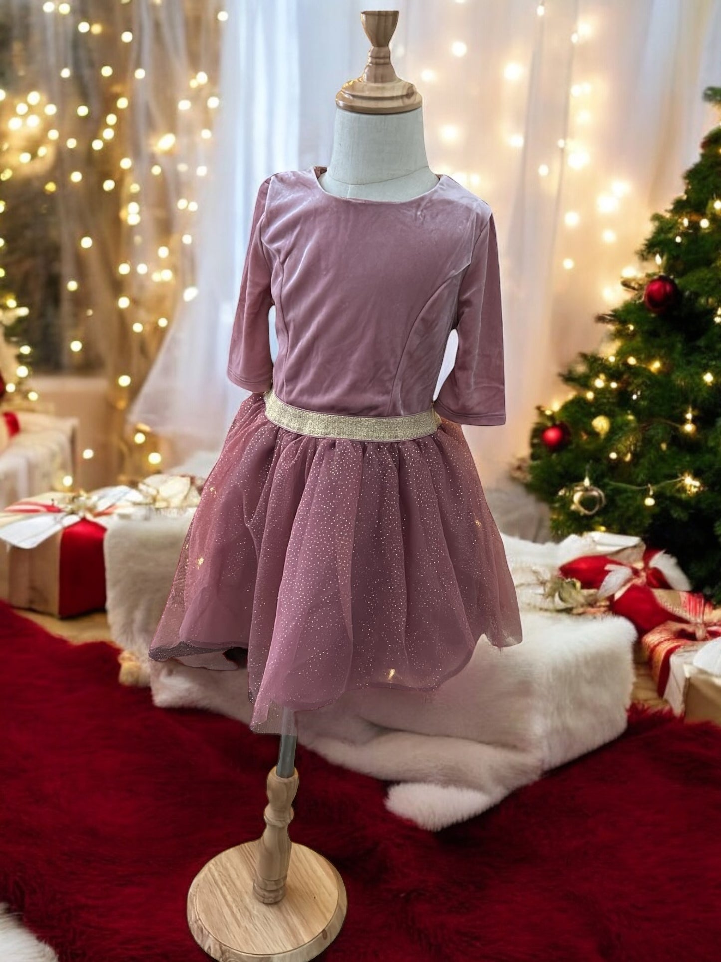 Pink velvet with gold waist band girl formal dress