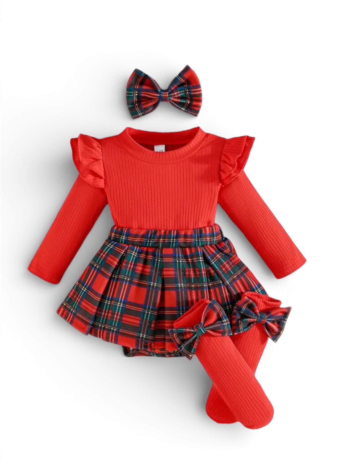 Red plaid baby romper set headband & socks included
