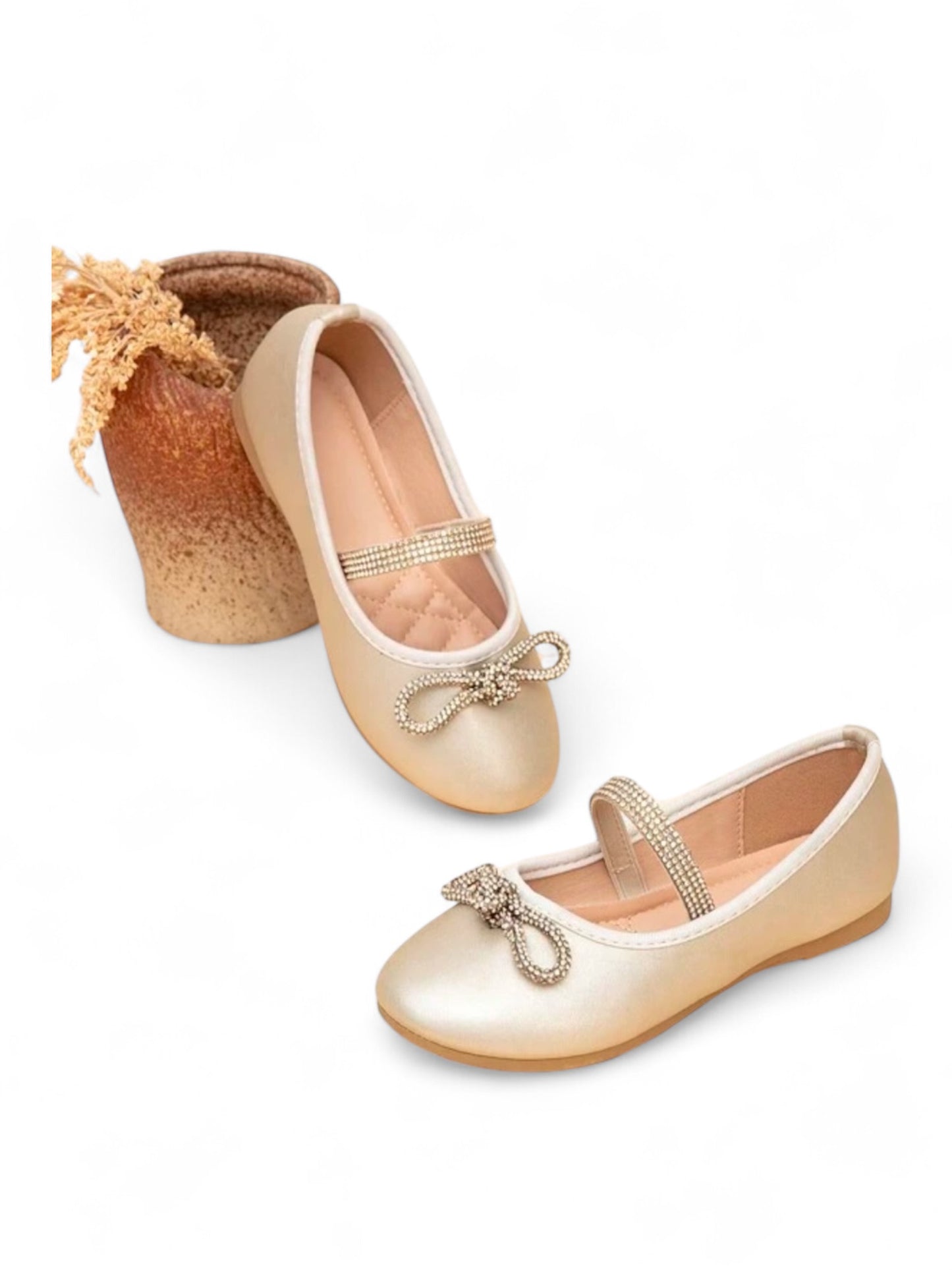 Gold with bow embellishments on top formal girls shoes