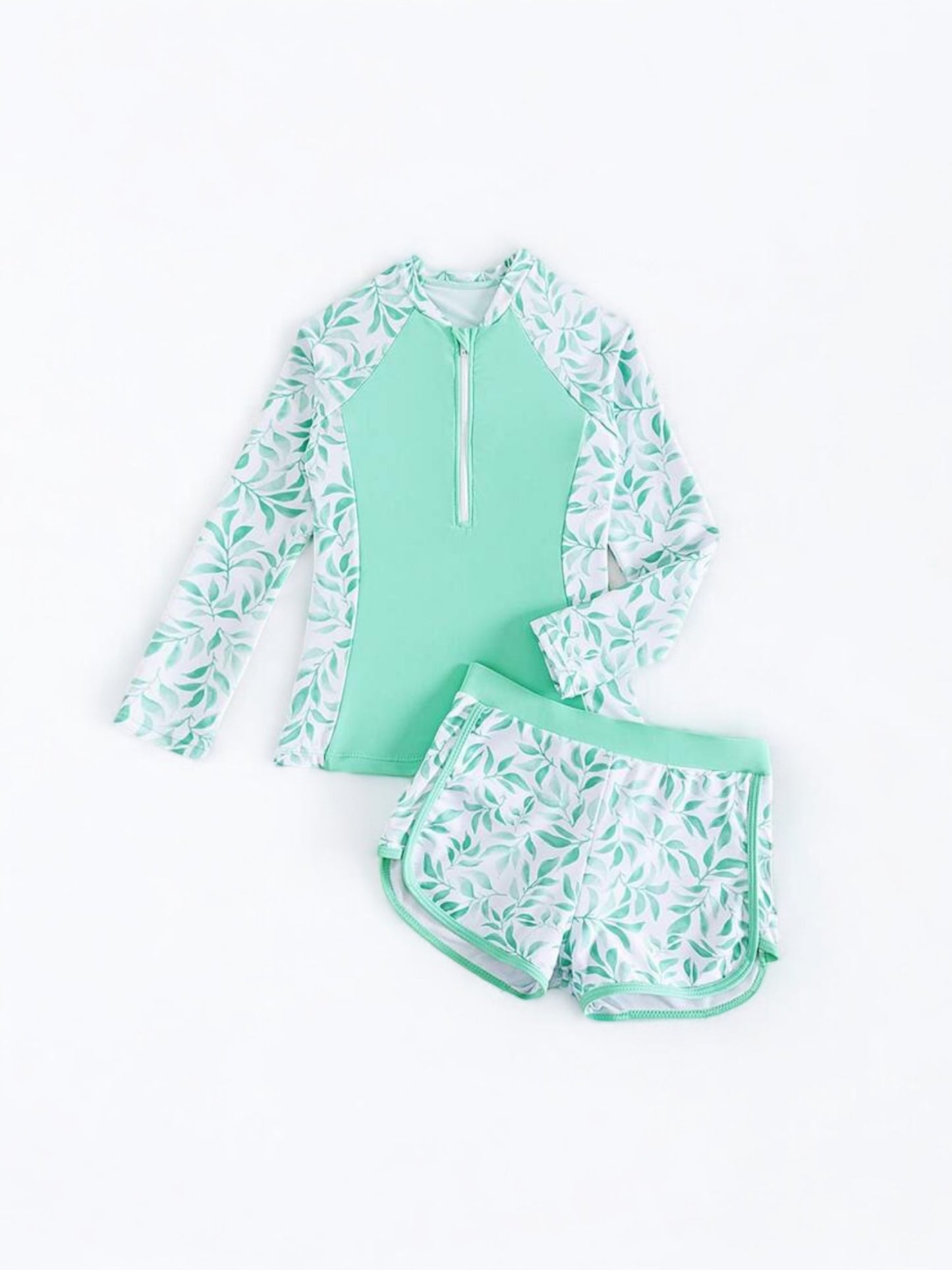Green leafy print girl swimwear