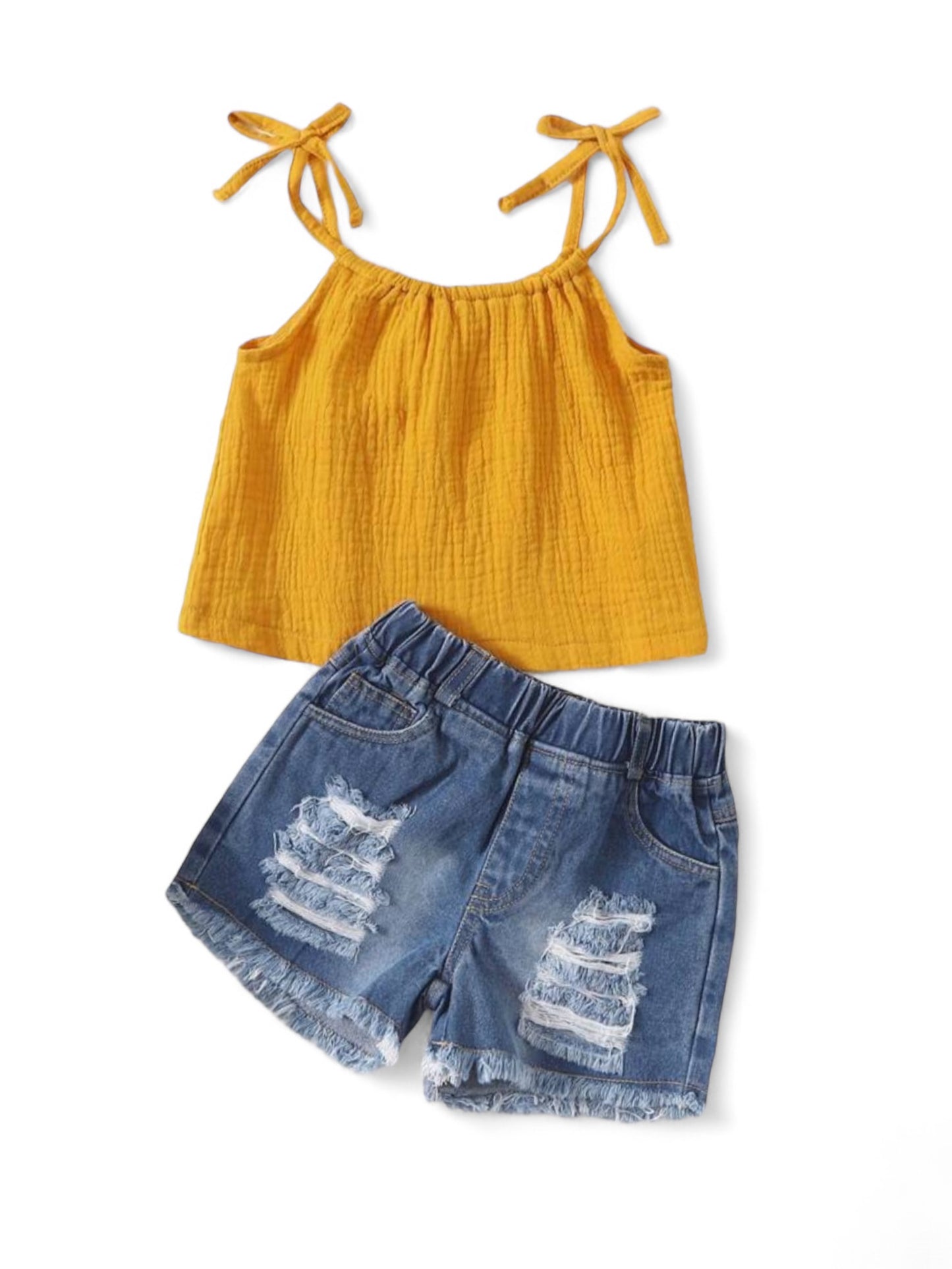 Mustard top with denim bottom girls set