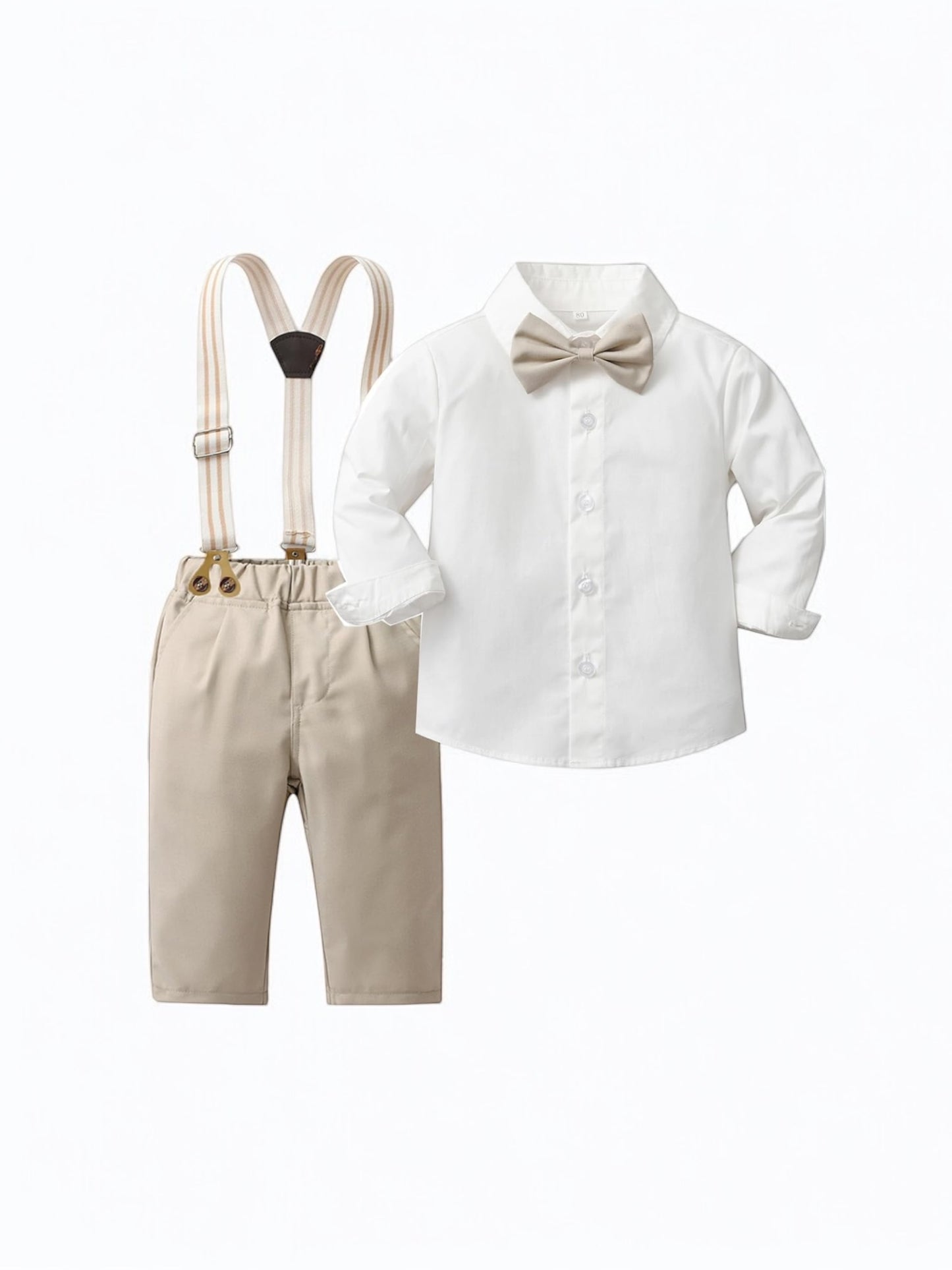 Khaki & white with suspenders and bow tie 4pc boy formal set