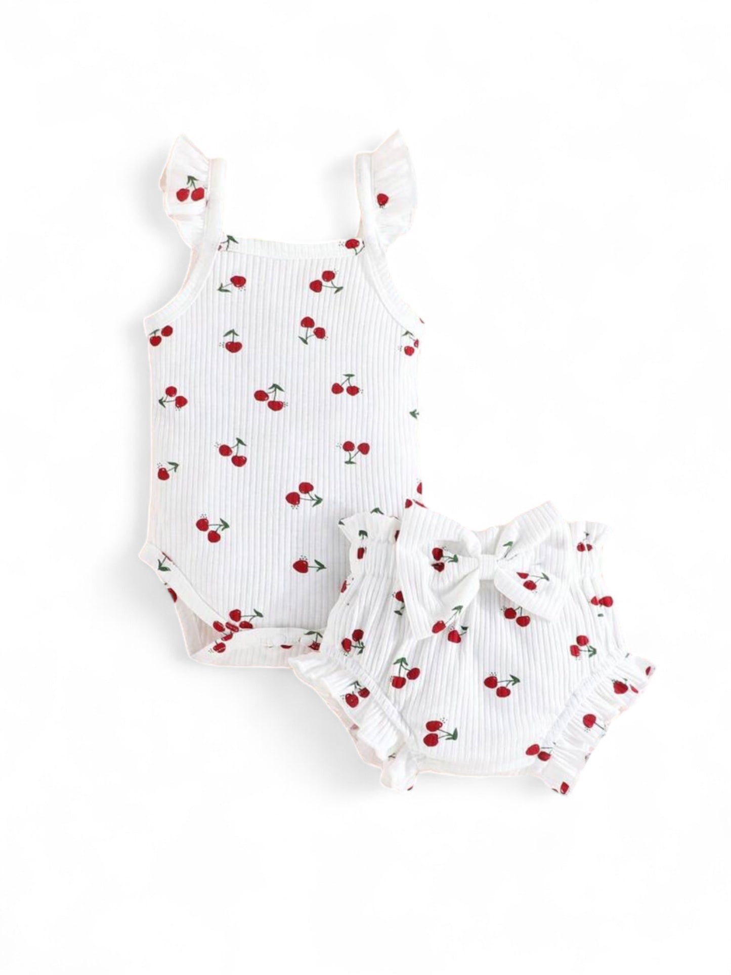 White cherry ruffle baby set