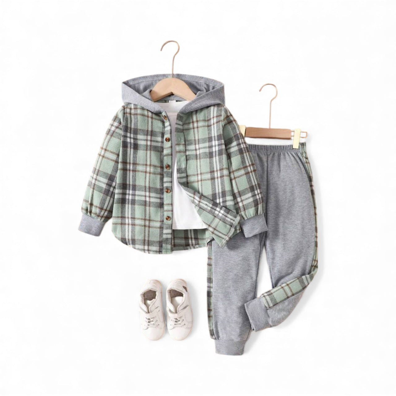 Green plaid hoodie with grey sweats 2pc boy set