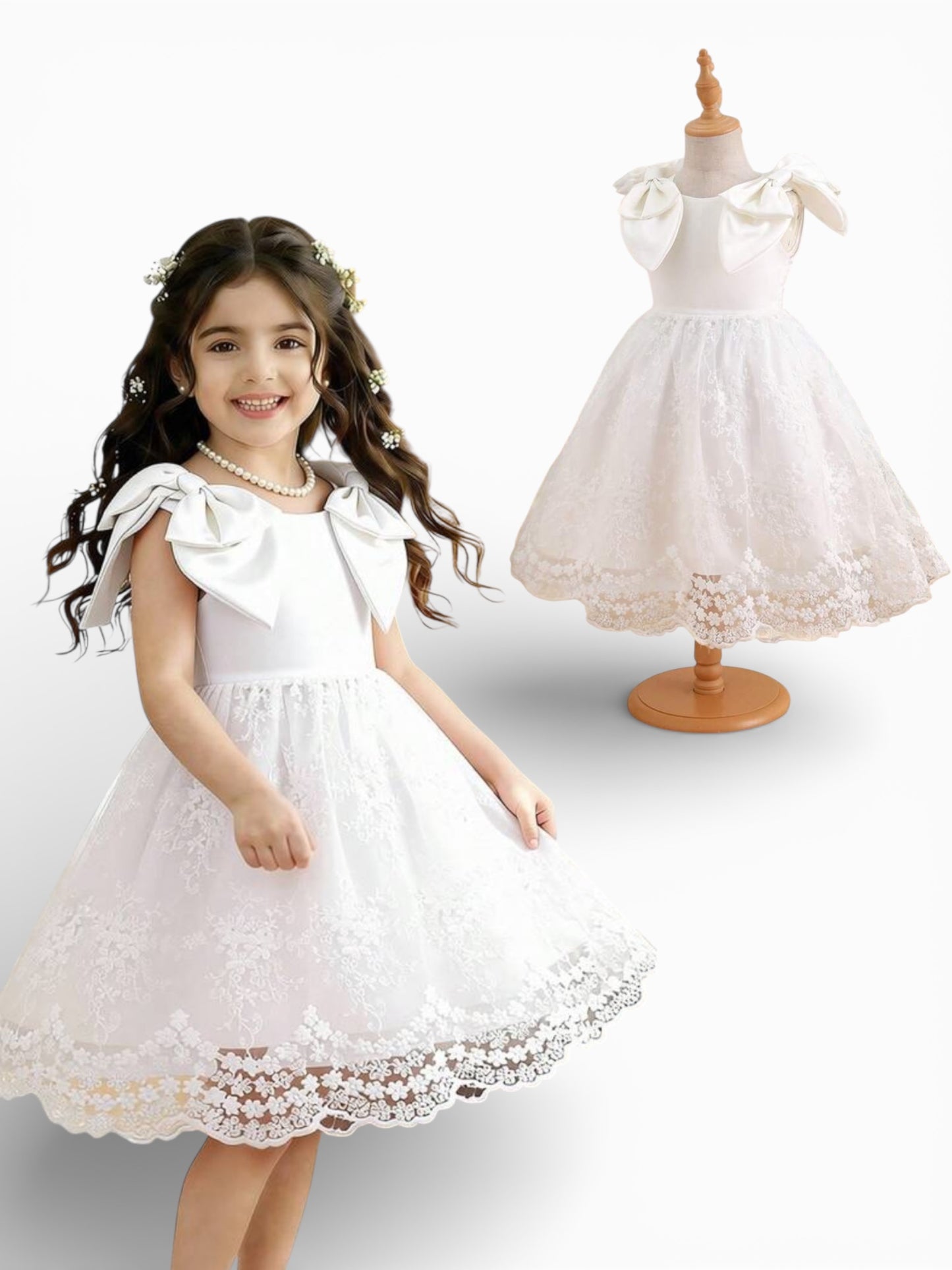 Lace embroidery bow on shoulder field girls white dress