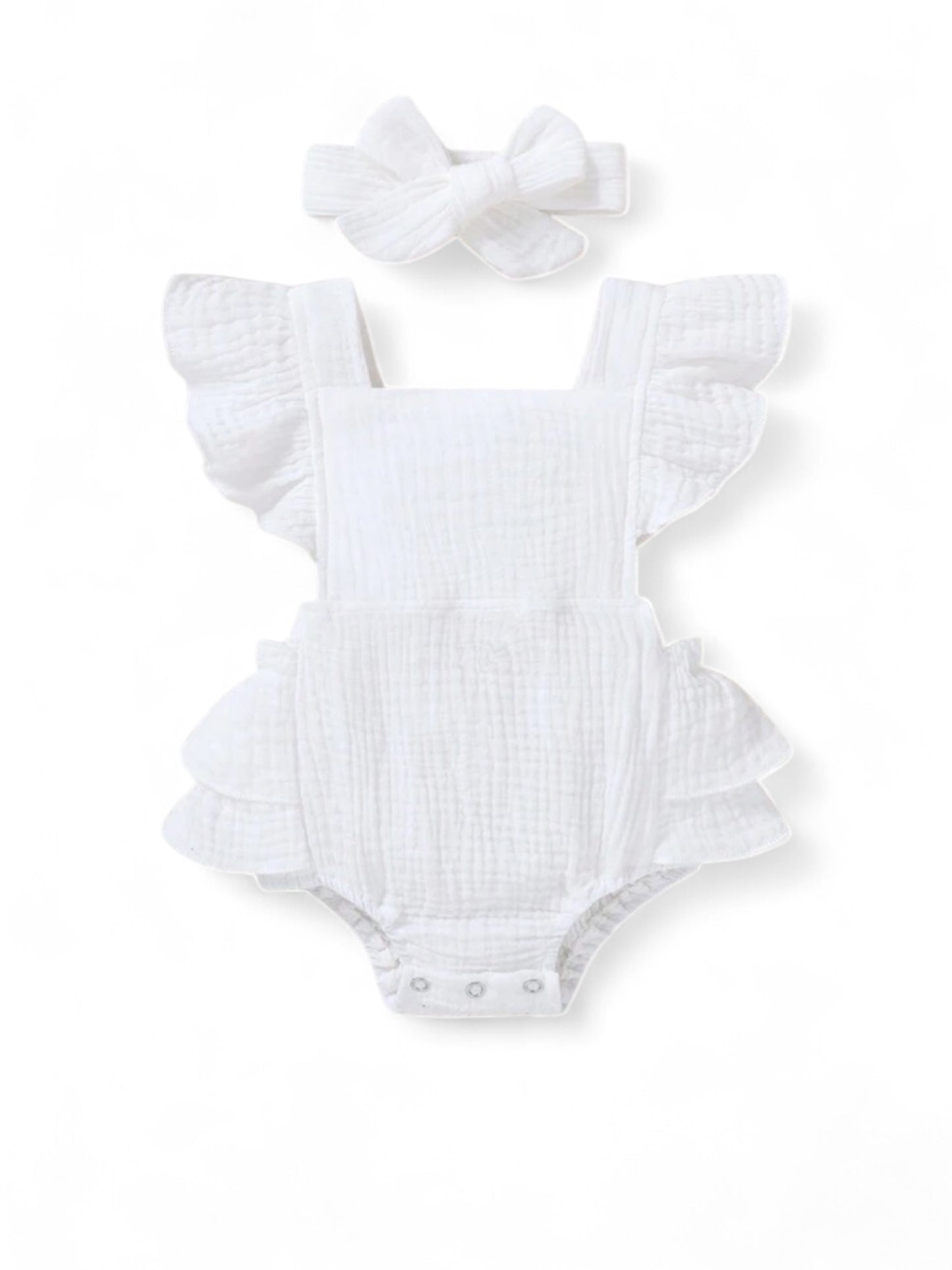 2pc white ruffle romper baby set