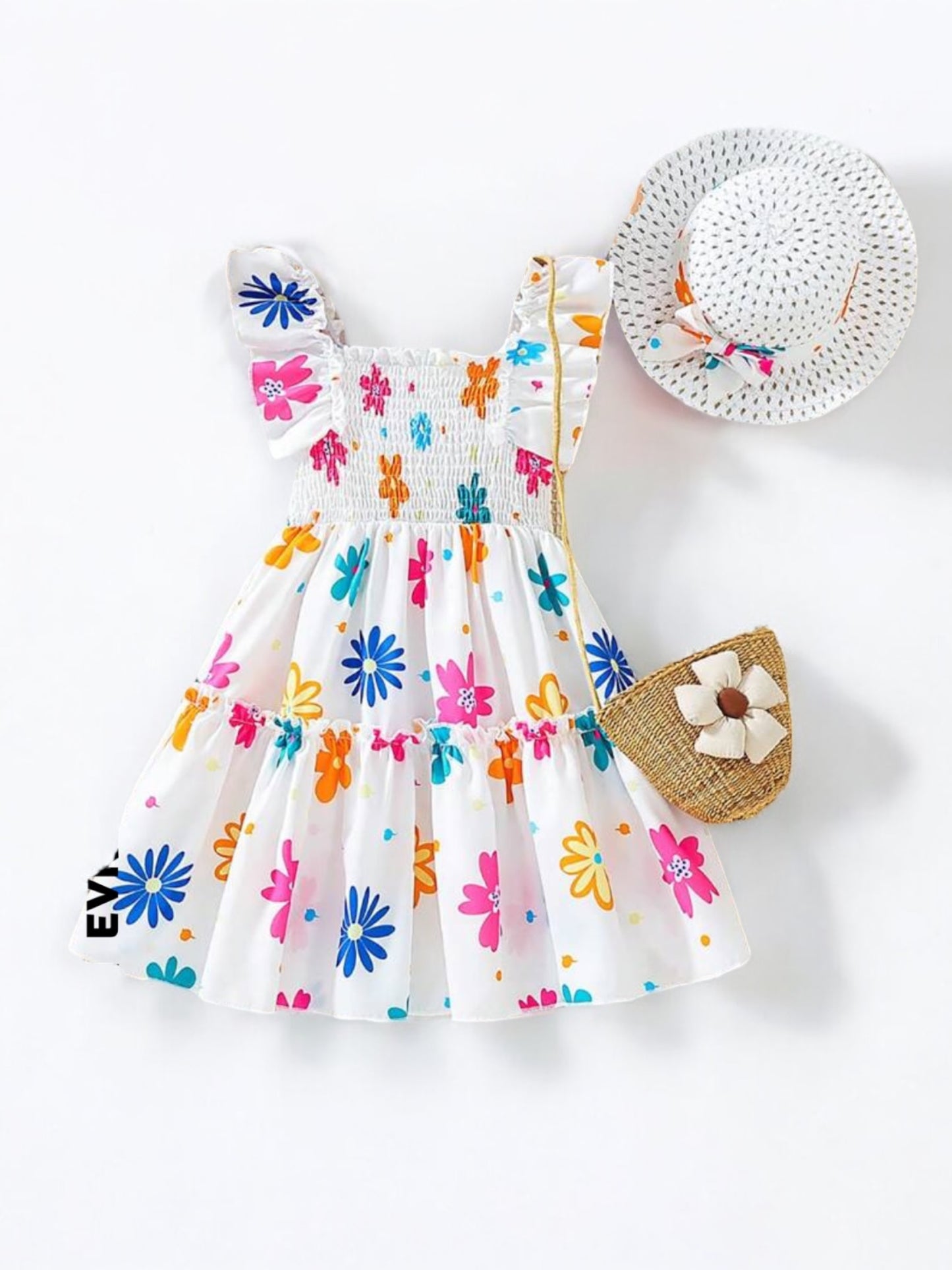White Mulitcolor flowers girl dress with hat