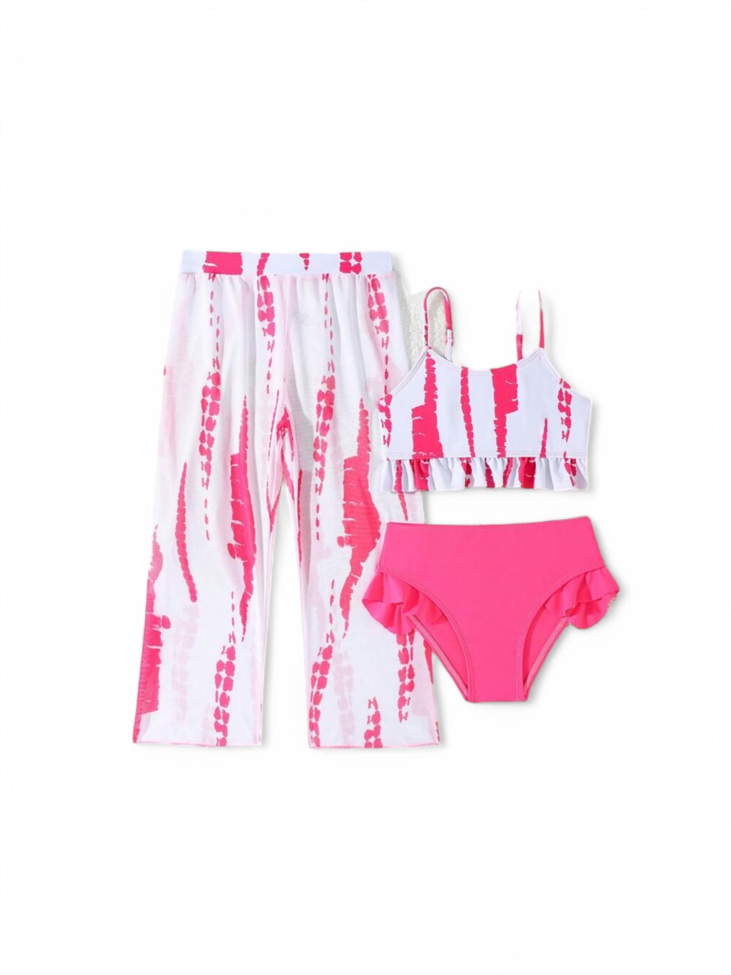 Pink & white 3pc girls swimsuit with pants