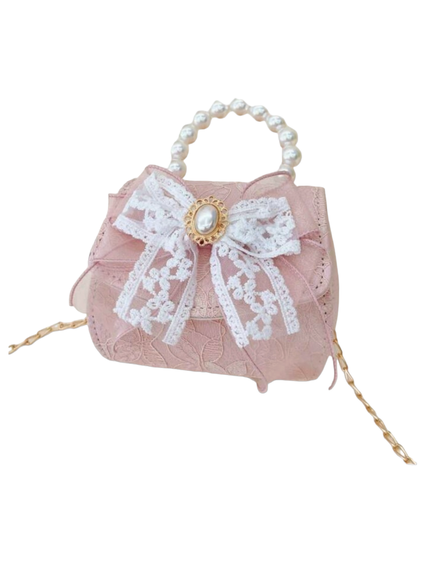 White bow with pearl handle pink purse