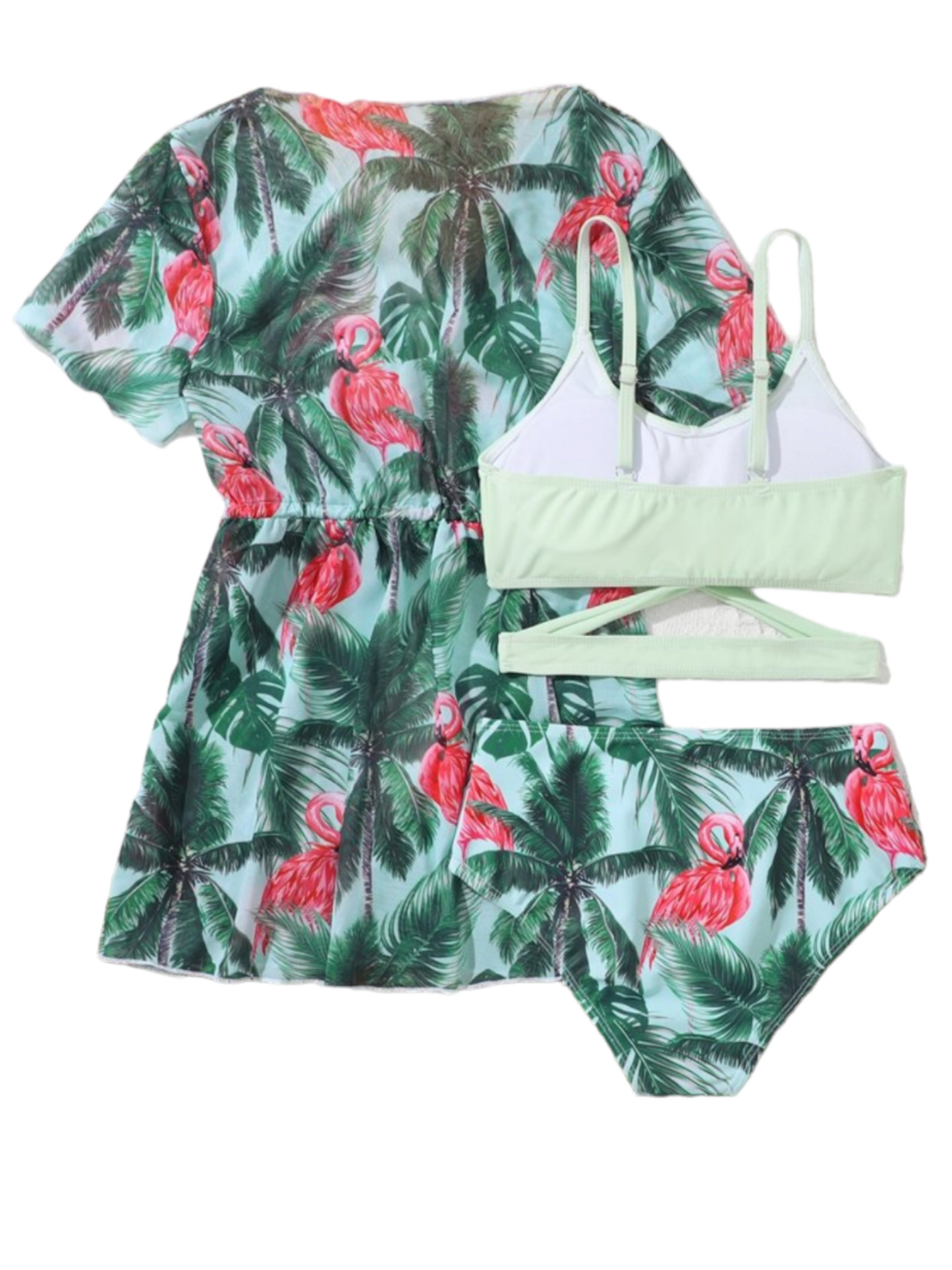 Flamingo green print 3pc with cover girls swimsuit