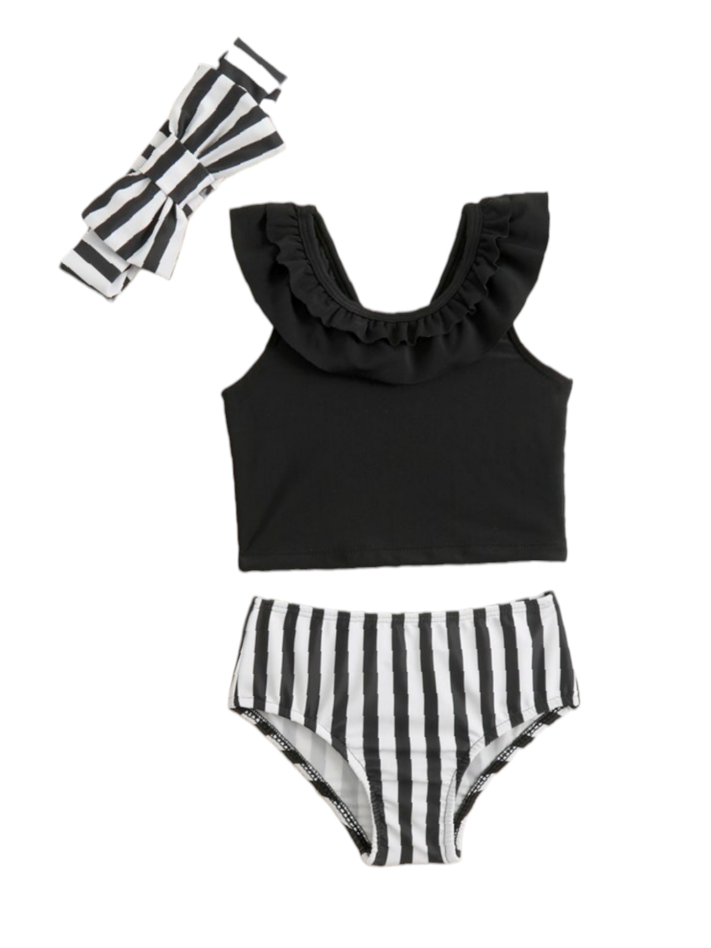 Toddler 2pc black with white stripes baby swimsuit with headband