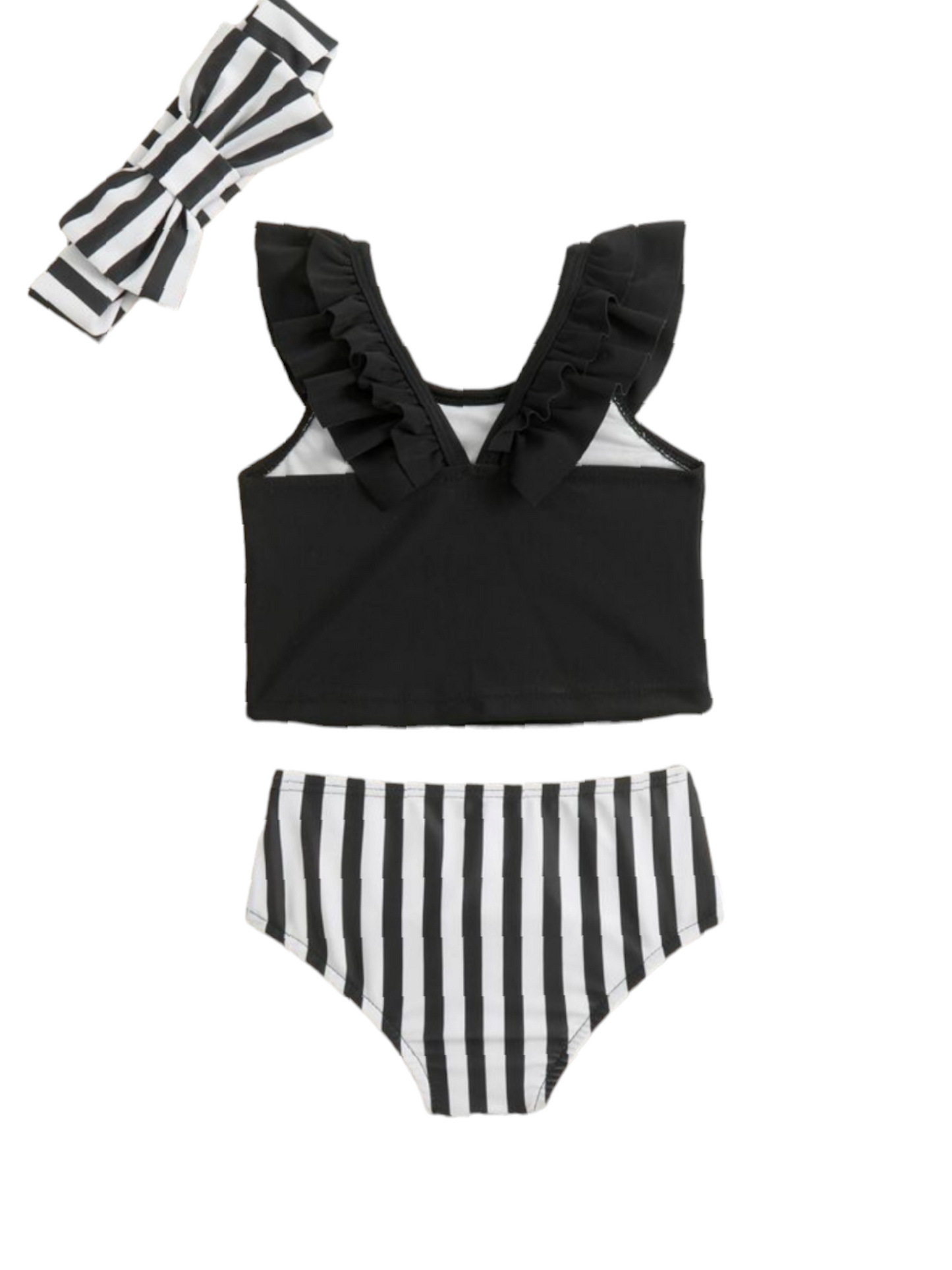 Toddler 2pc black with white stripes baby swimsuit with headband
