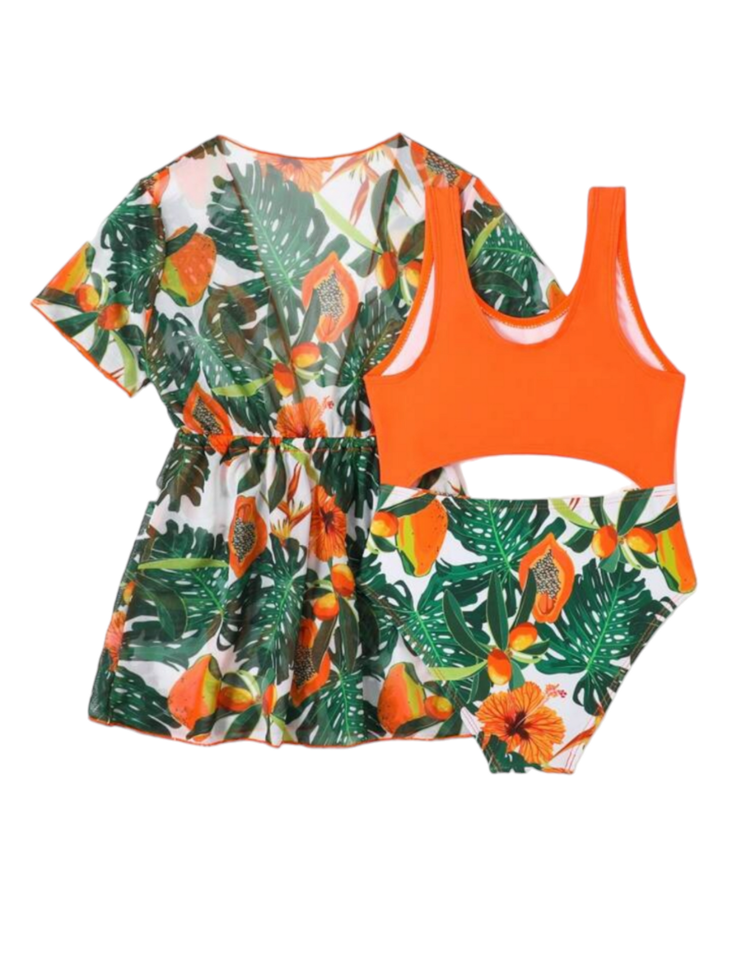 Orange & green flower print 2pc girl swimsuit
