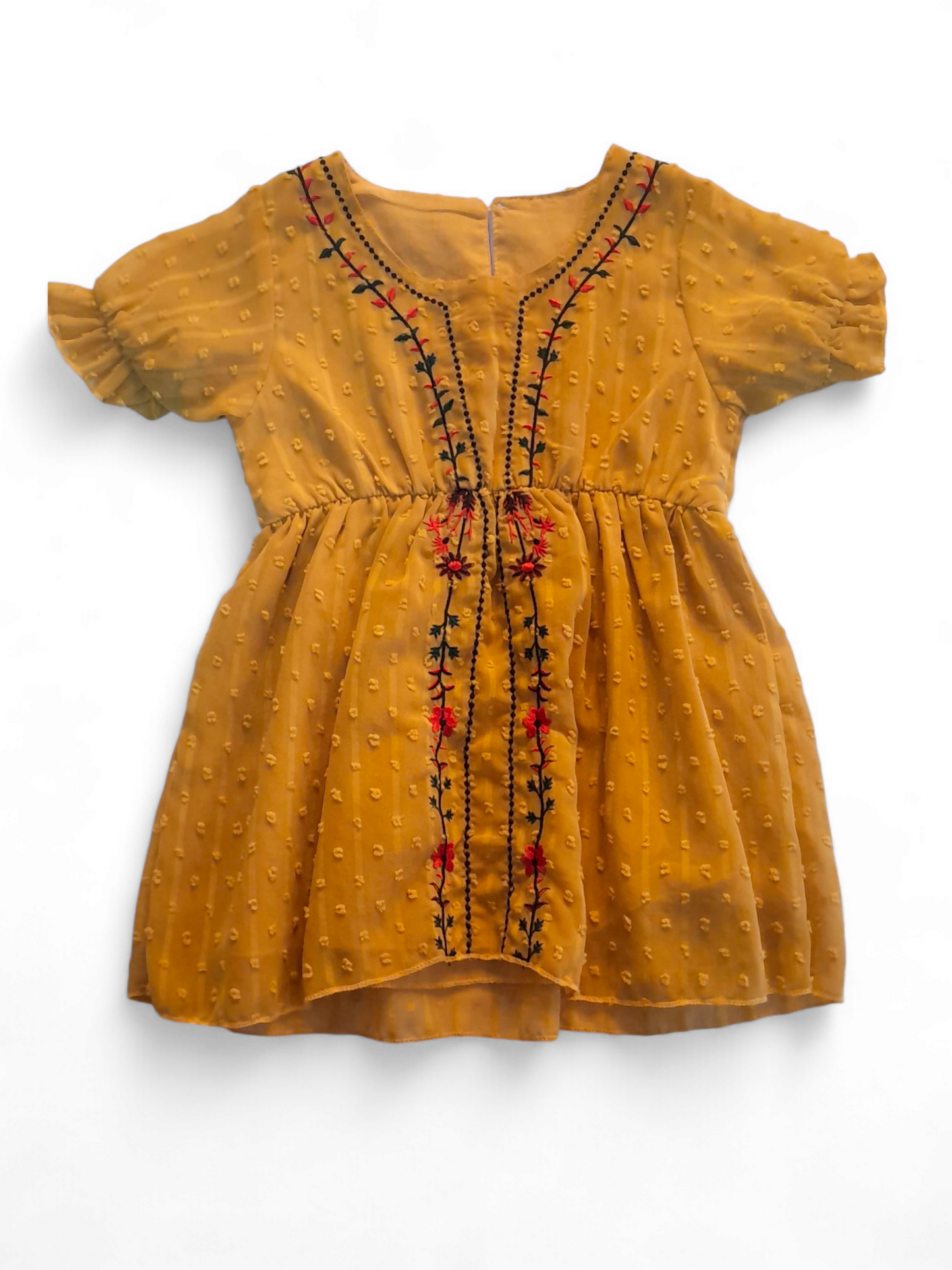 Mustard baby dress red and green leaft