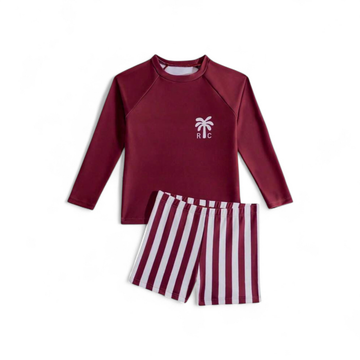 Burgundy with white stripes boy swim 2pc set
