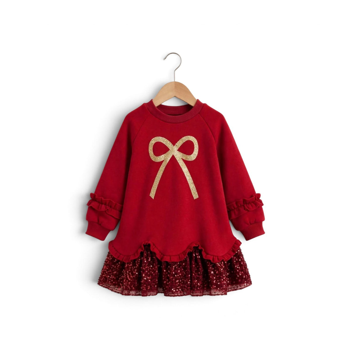 Baby red sweater dress with gold bow