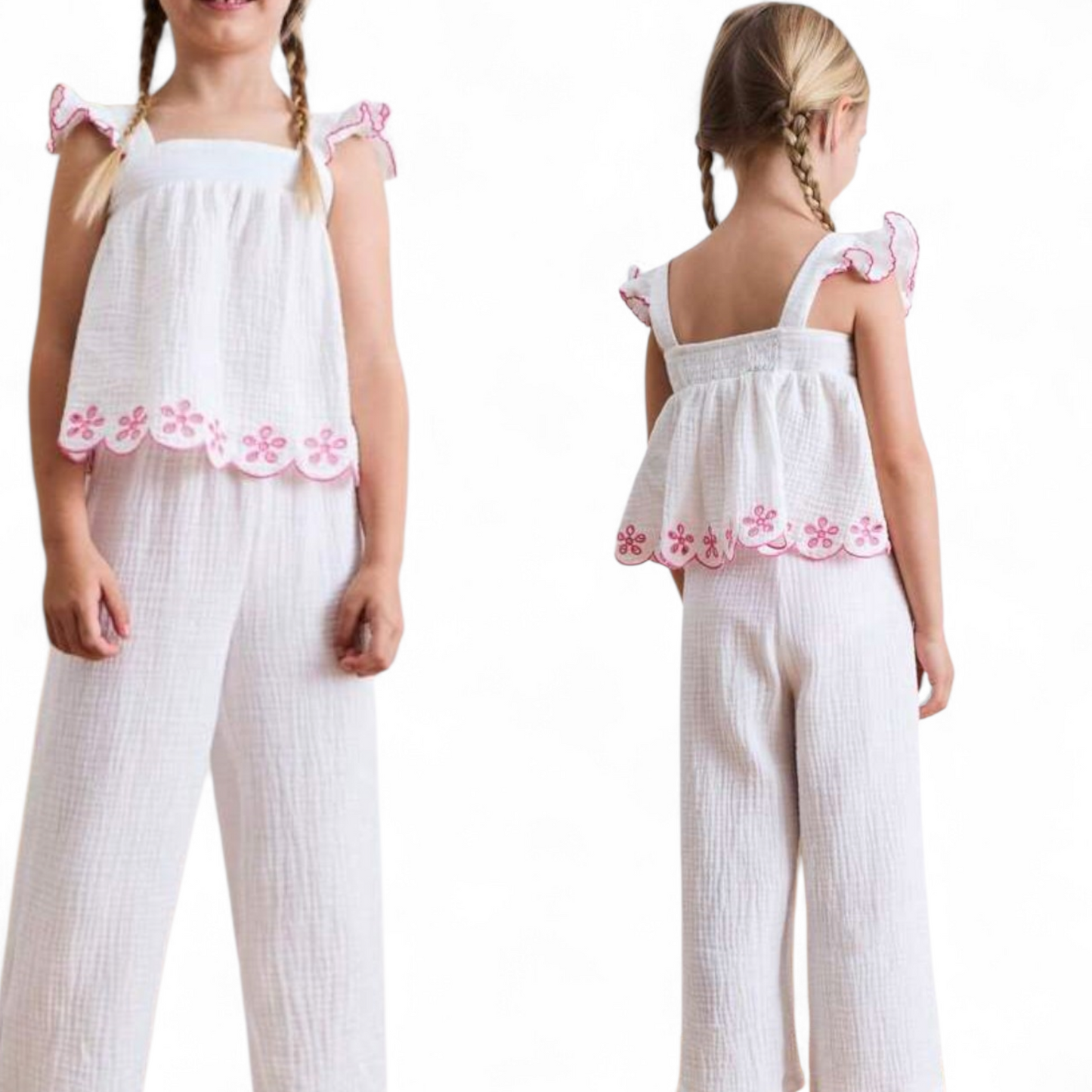 Girls bohemian white & pink pants set