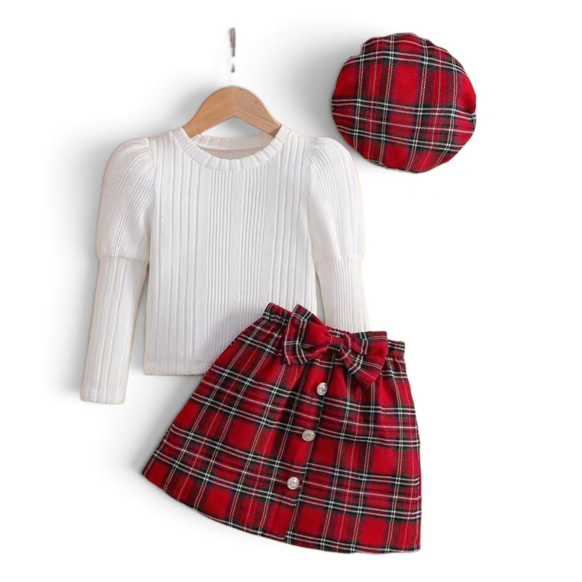 Girls red plaid 3pc set includes ha, skirt & long-sleeved white blouse 2k6