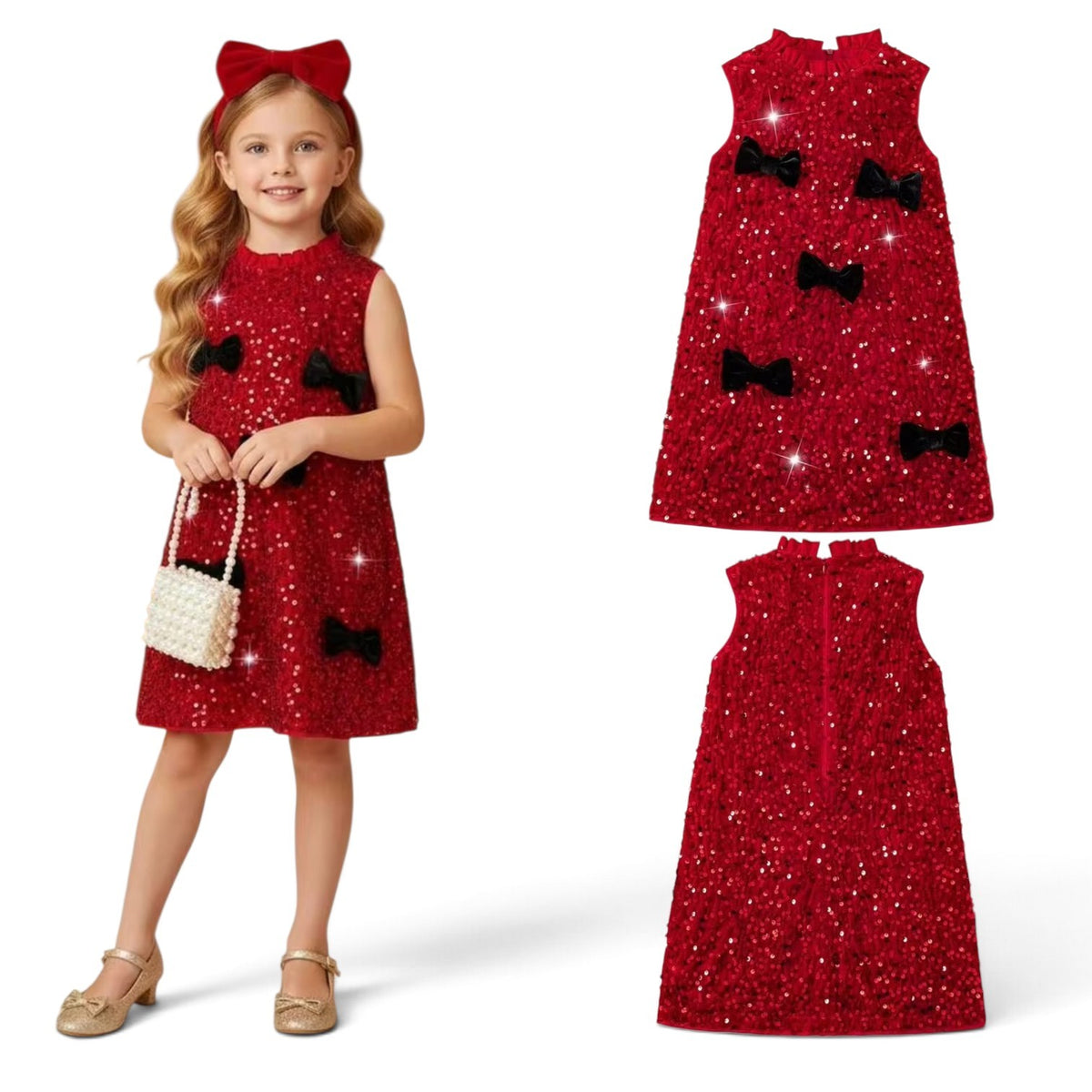 Girls red sequin dress with black bow