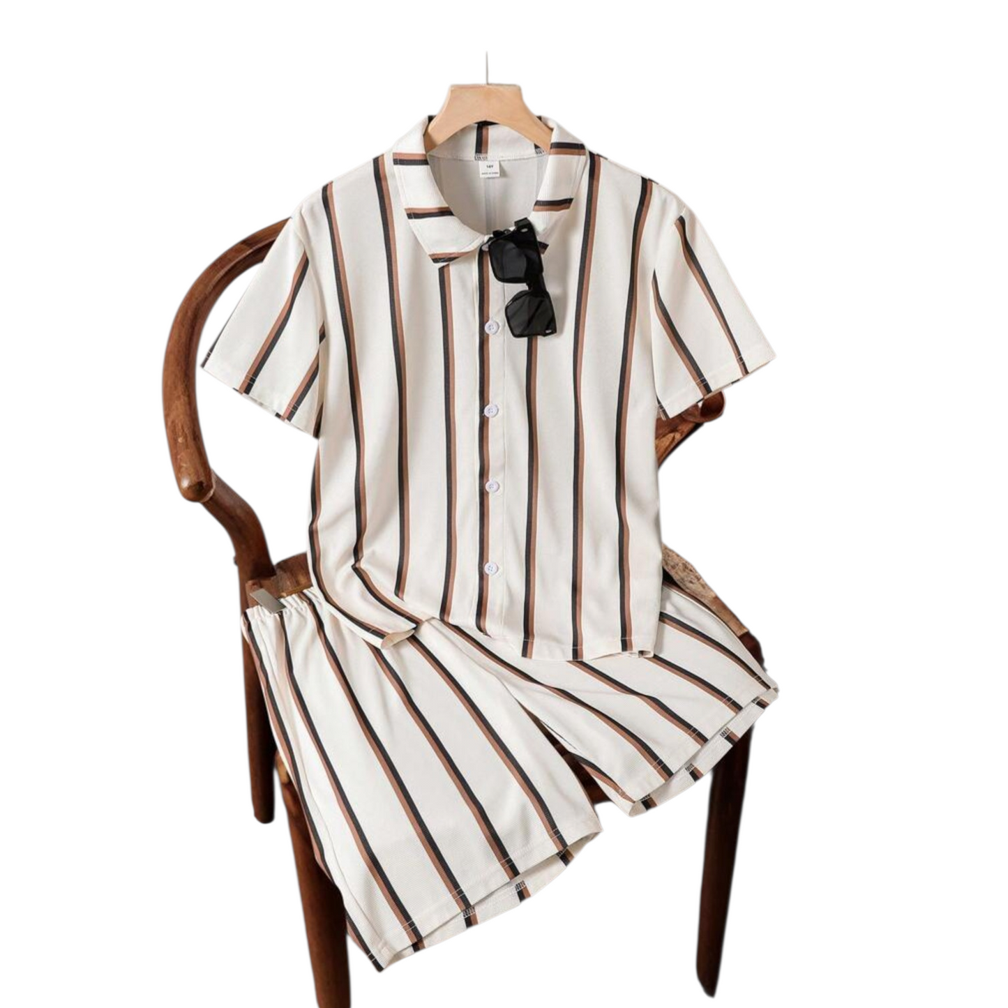 Beige with brown stripe teen boys 2pc beach set