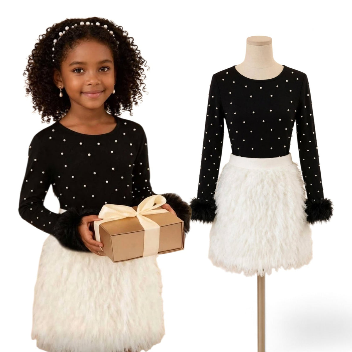 Girls 2pc white feathers skirt with black pearl long-sleeved top