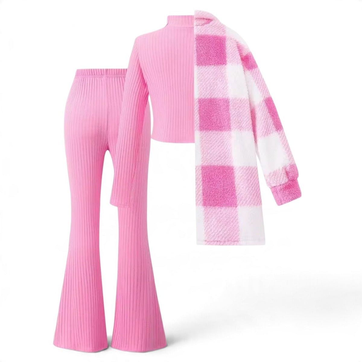 3pc girls Pink plaid fluffy sweater and pants set