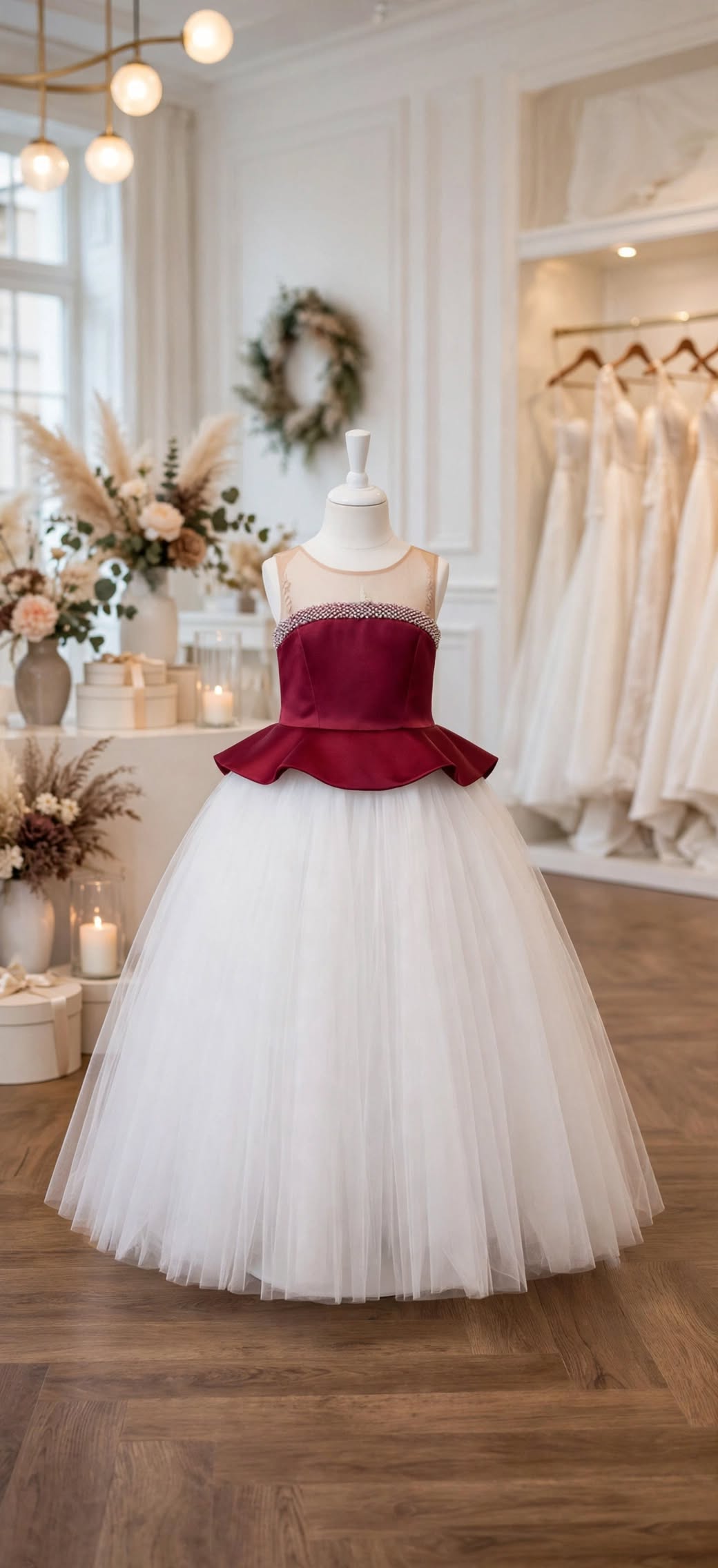 Beautiful tulle long elegant red with pearls girl dress