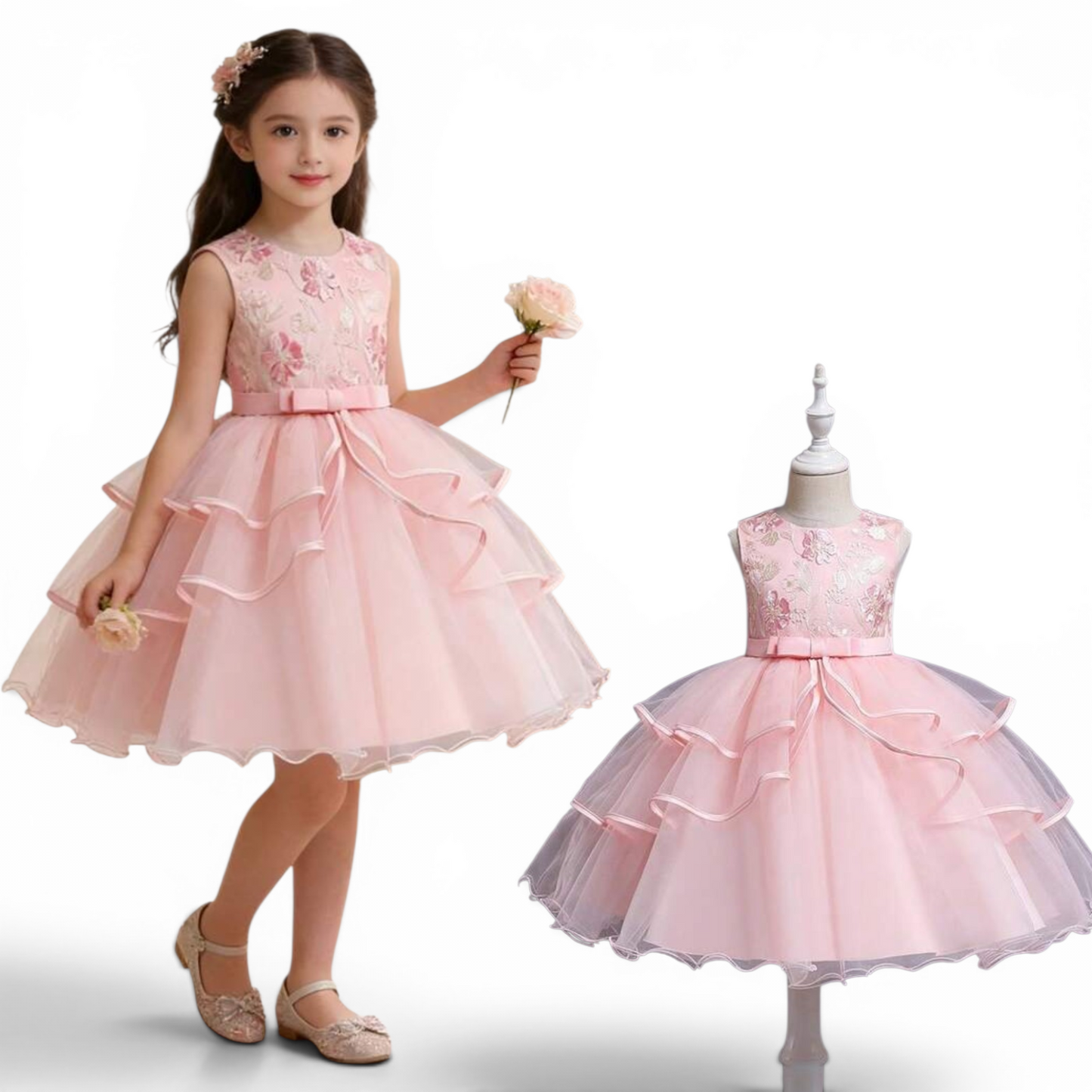 Pink floral embroidery girls formal dress