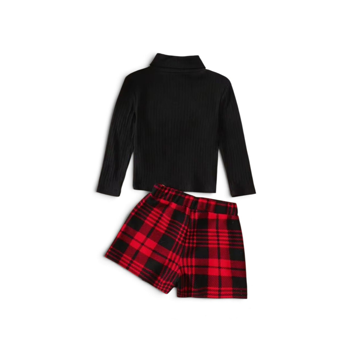 Girls red & black plaid skirt pants with long-sleeved black blouse 2pc girls set 2k6
