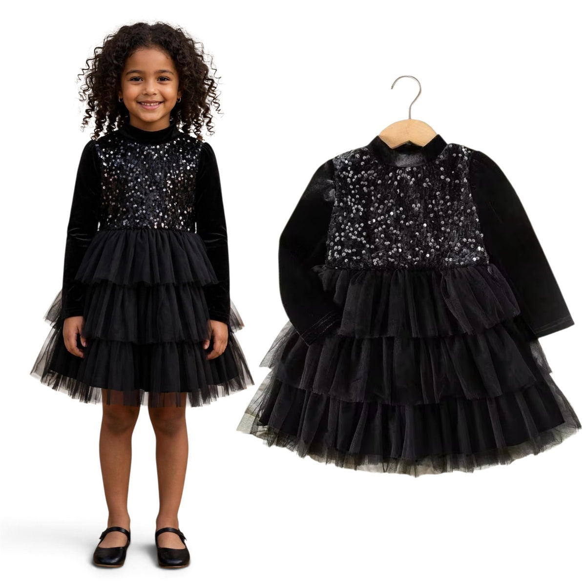 Black seqin & velvet girls tulle dress