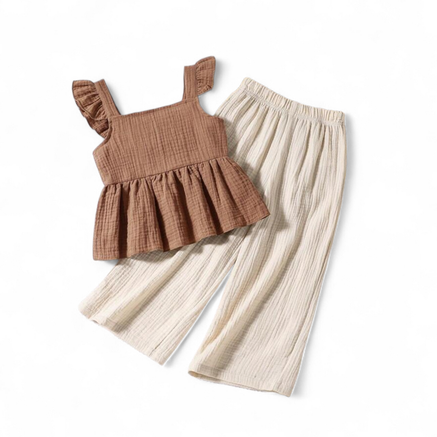 Brown top & beige long bottom 2pc girls beach set