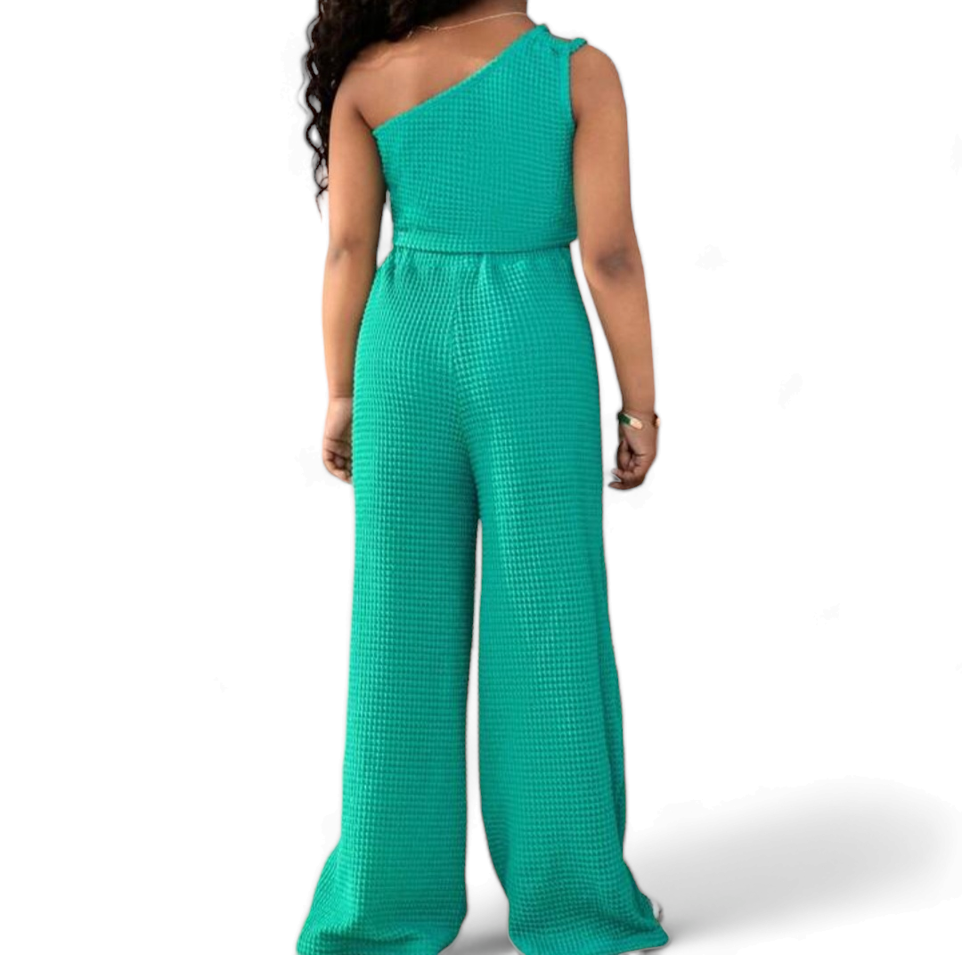 Girl green set one shoulder crop top with wide leg pants