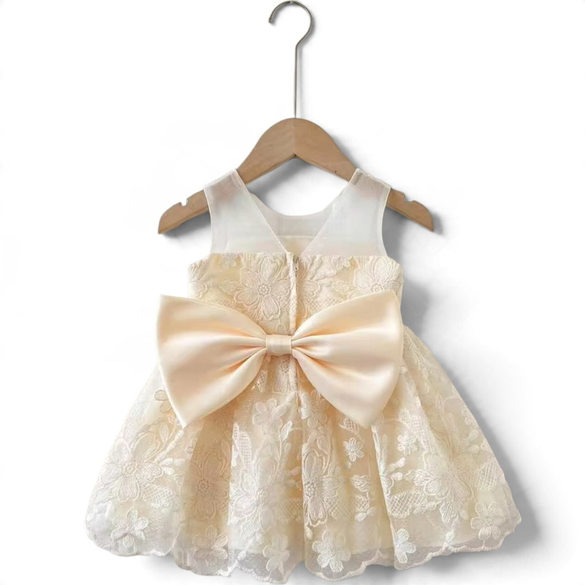 Beige champagne baby girls formal dress with bow at the back