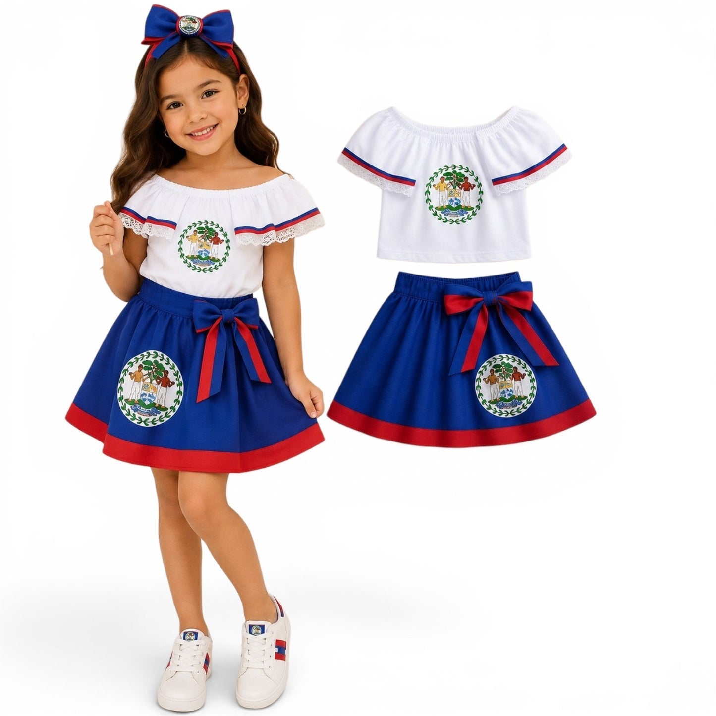 Belize flag design girls 2pcs set includes skirt & top