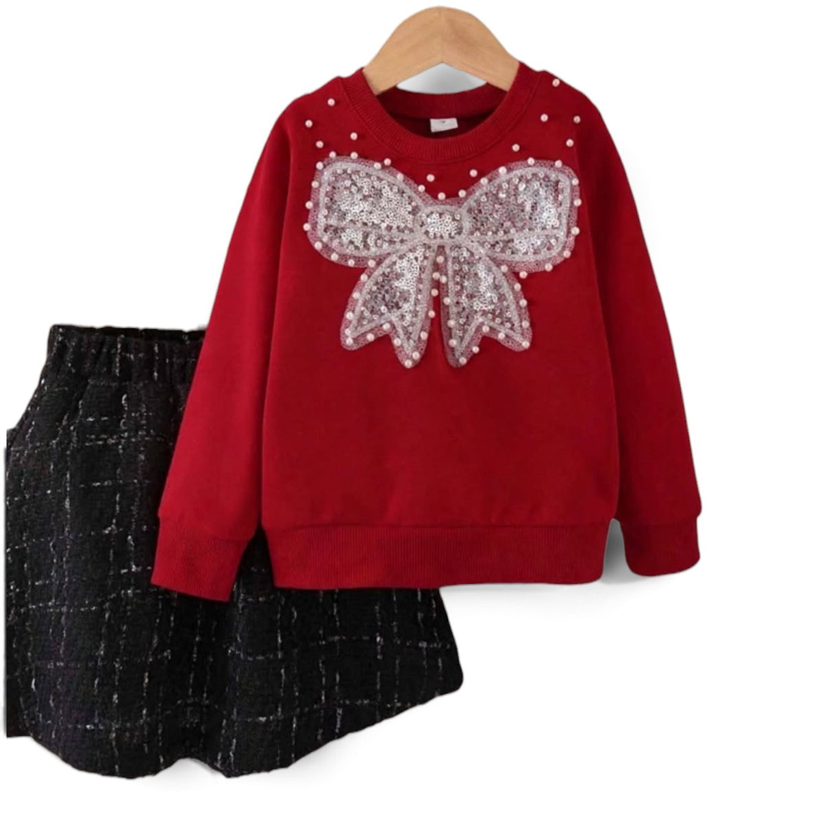 Girl red with pearl bow sweater and knit black skirt 2pc girls set 2k6