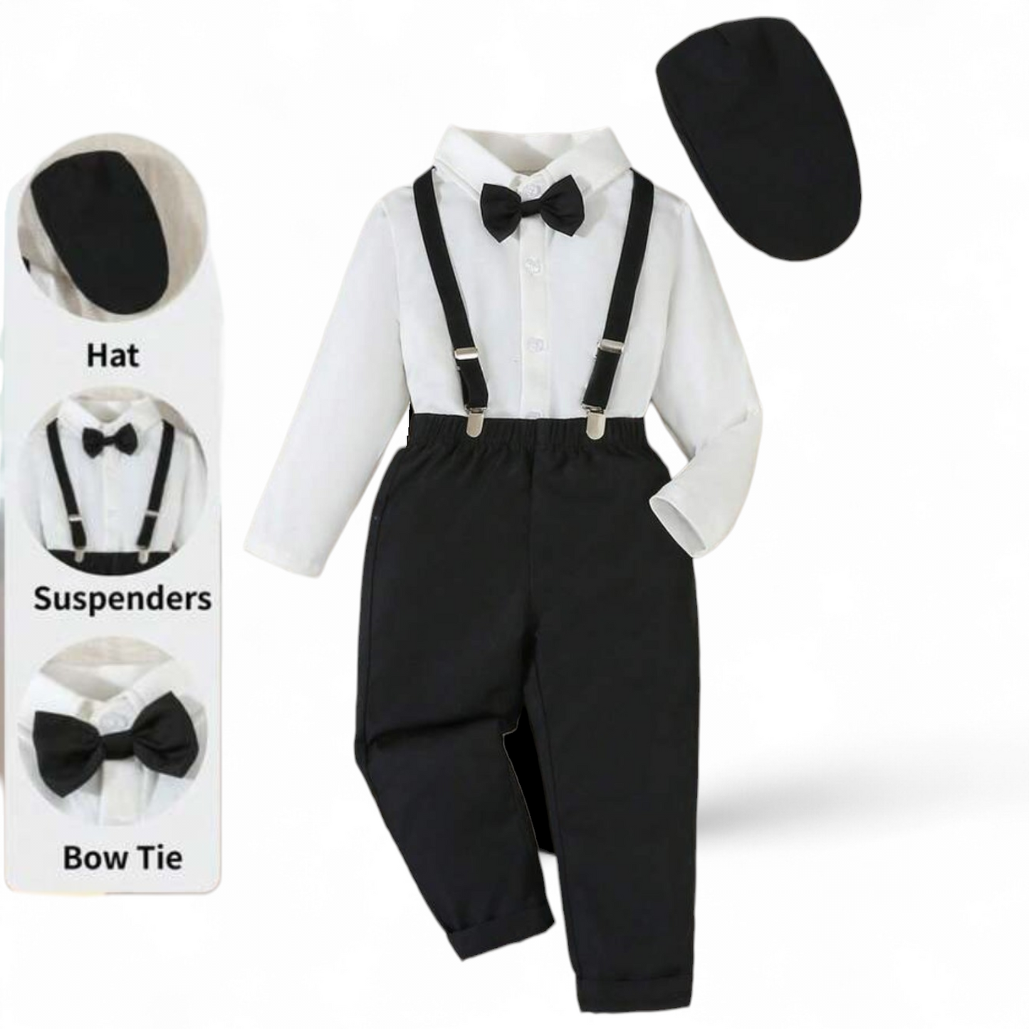 Black & white suspender boys formal set hat included