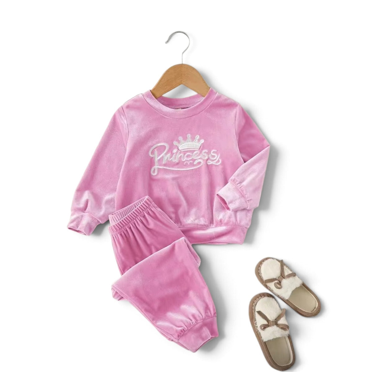 Pink princess velvet 2pc baby sweats set