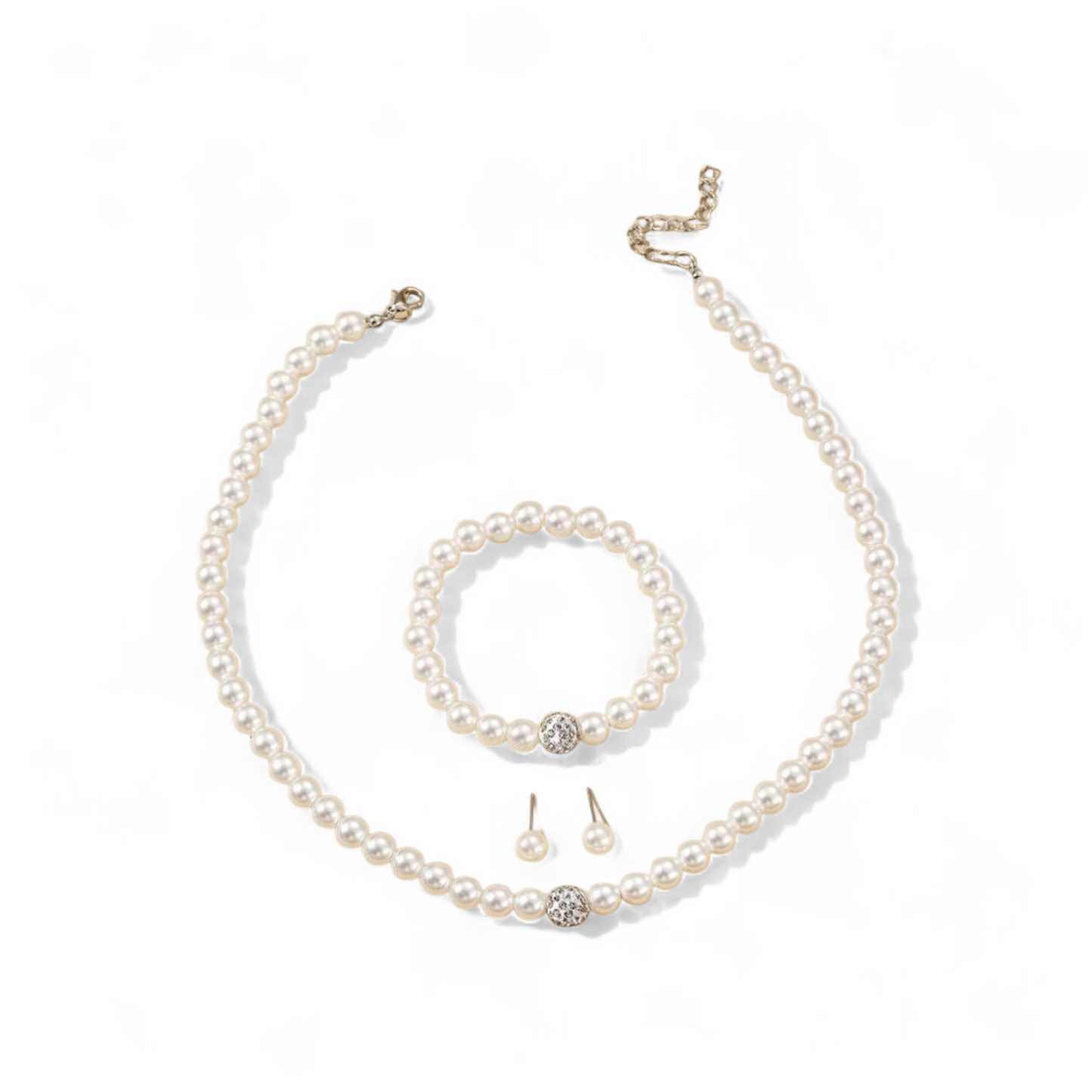 Girl pearl and silver rhinestone necklace set