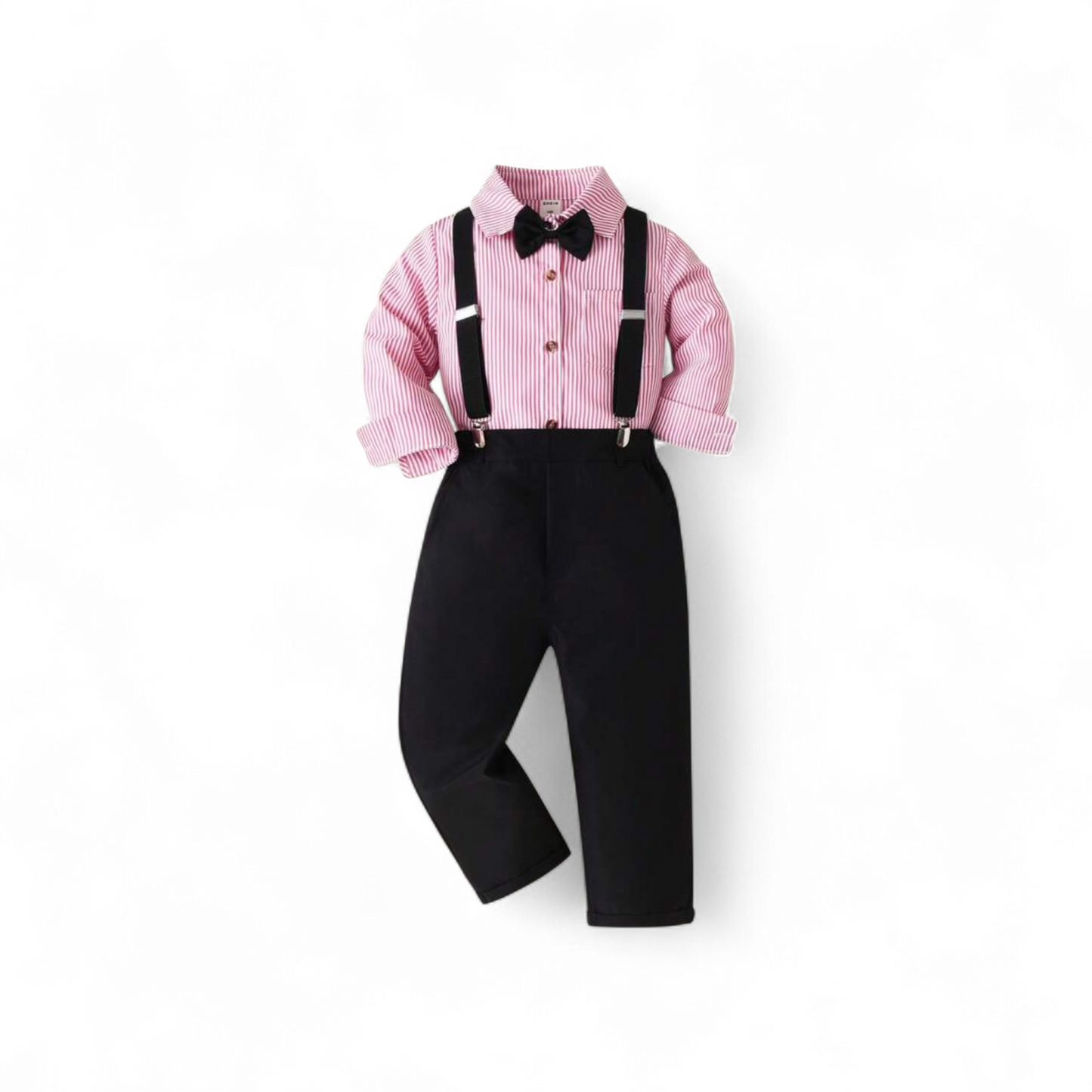 Pink &white stripe with black long pants suspender boys formal set