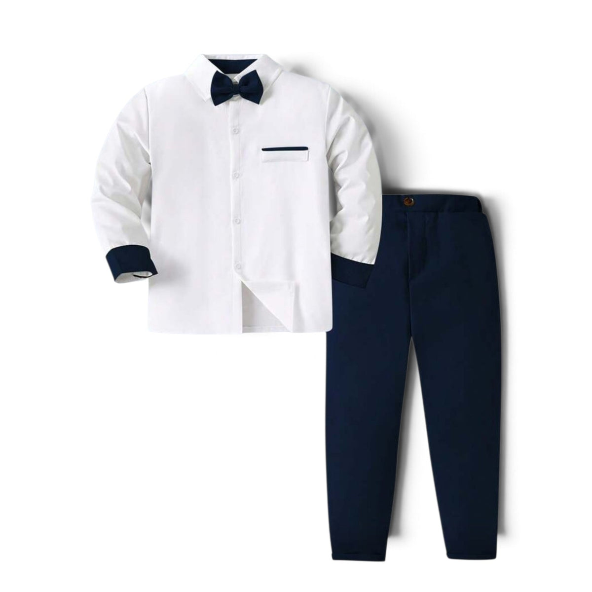 White with blue cuffs long sleeve and long trousers boys 2pc set