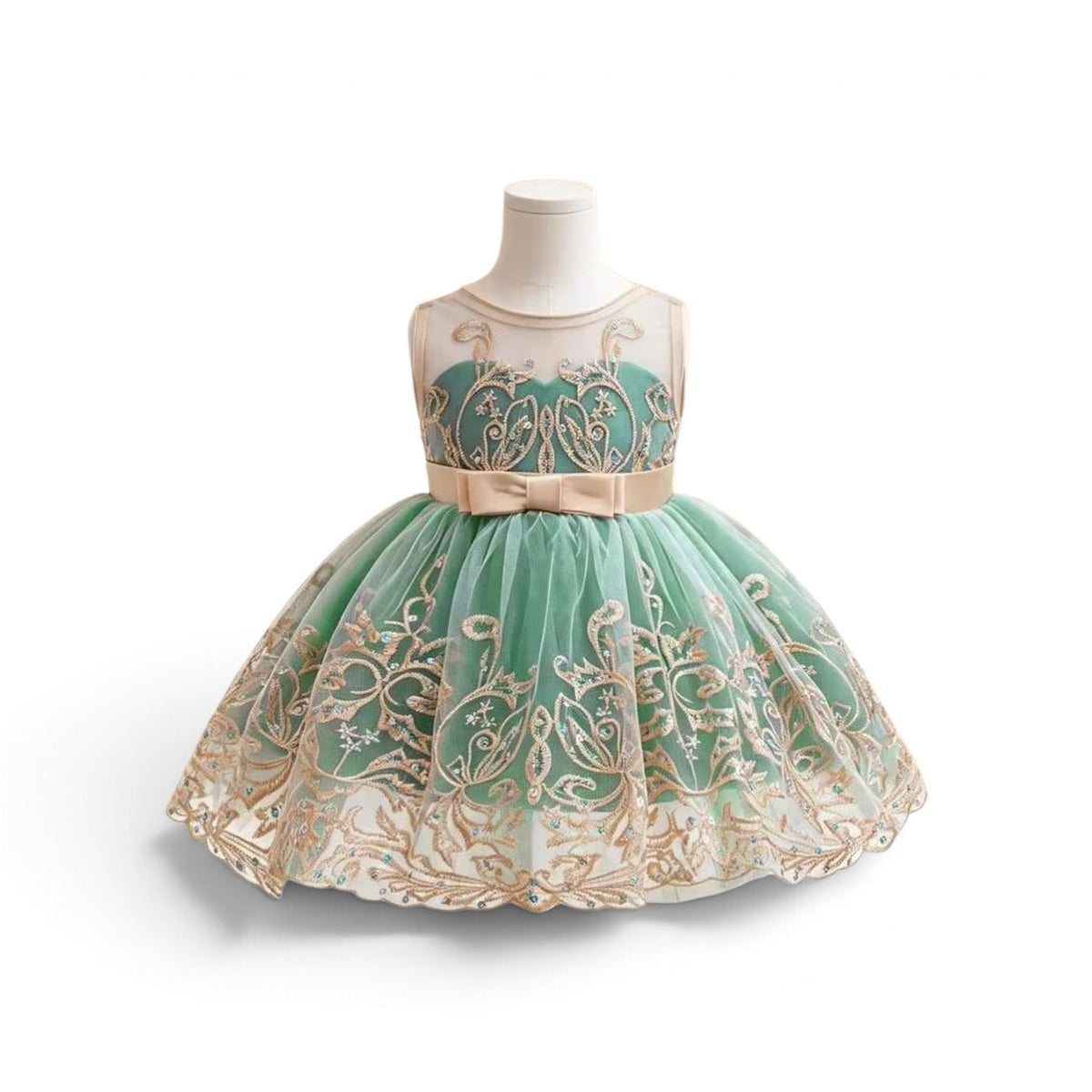 Green with gold lace baby dress