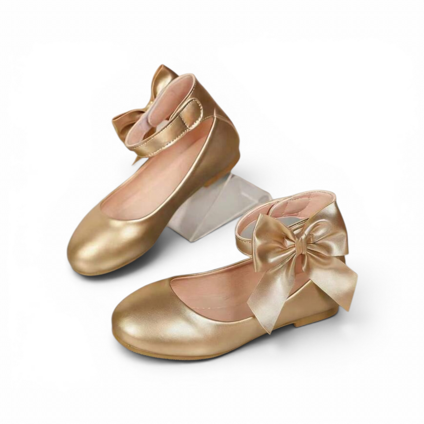 Gold bow strap girls formal shoes