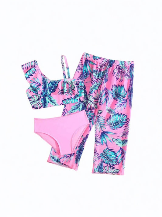 Pink with leafy print girls swimsuit  3pc set