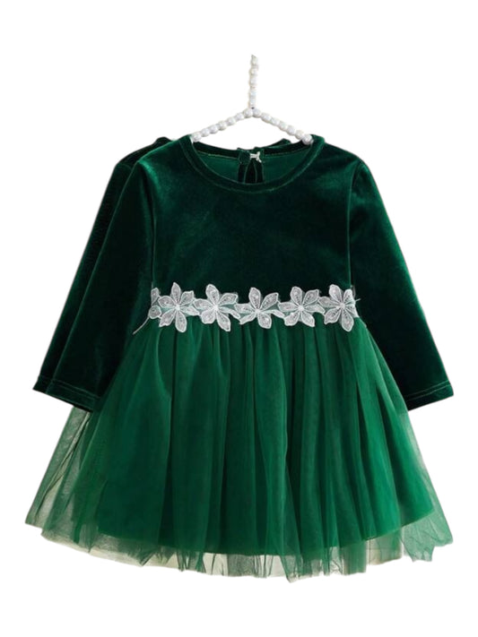 Green velvet with white lace band baby dress