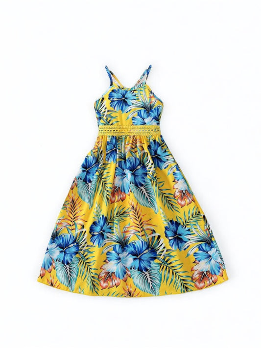 Yellow long dress with blue hibiscus flower print girl dress