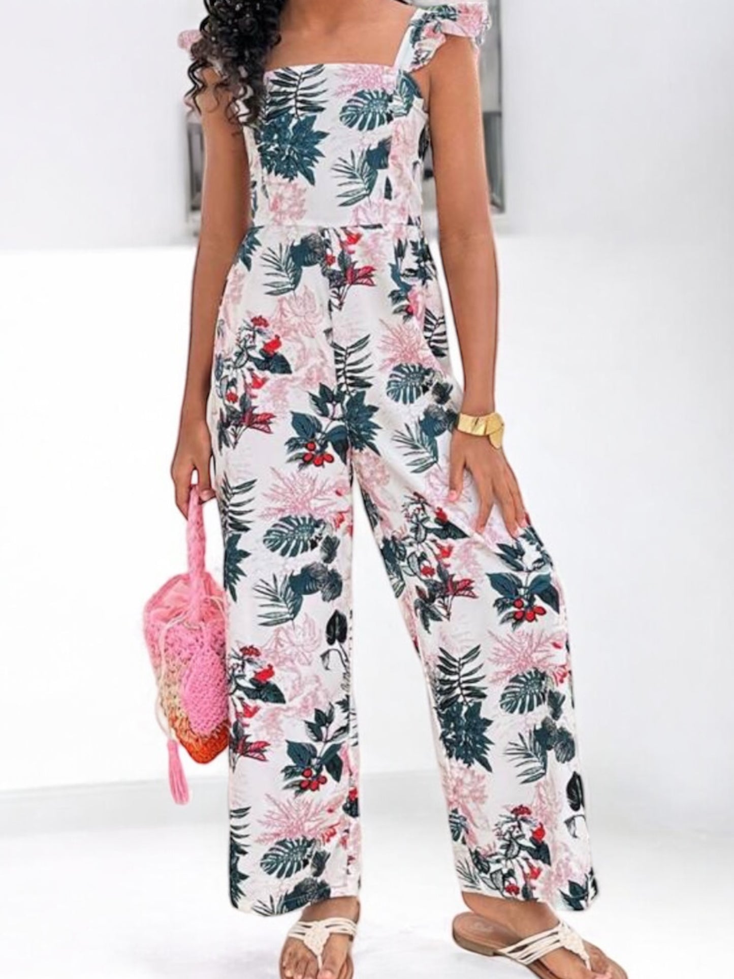 Long pink girl romper with leaf print